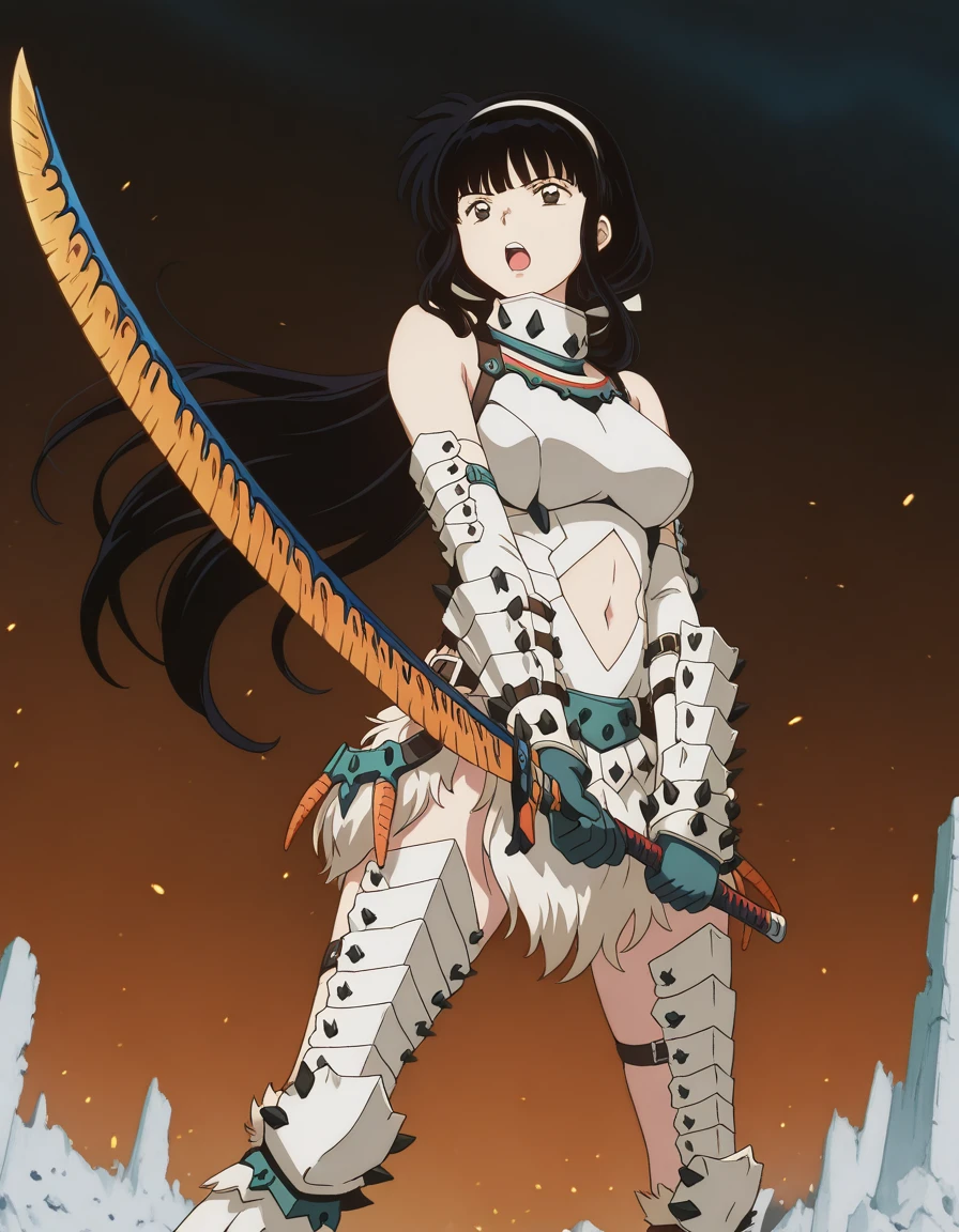 masterpiece, best quality, amazing quality,, <lora:inuyasha-kikyou-anime-illustriousxl-lora-nochekaiser:1>, kikyou, long hair, black hair, brown eyes, sidelocks, himecut, mature female, medium breasts, anime screencap, <lora:barioth-armor-illustriousxl-lora-nochekaiser:1>, barioth armor, armor, barioth (armor), elbow gloves, gloves, hairband, headgear, bare shoulders, navel, navel cutout, mane, fur, white hair, head band, spiky hair, belt,, <lora:sunrise-stance-illustriousxl-lora-nochekaiser:1>, sunrise stance, weapon, sword, solo, open mouth, holding weapon, holding, holding sword,, ,