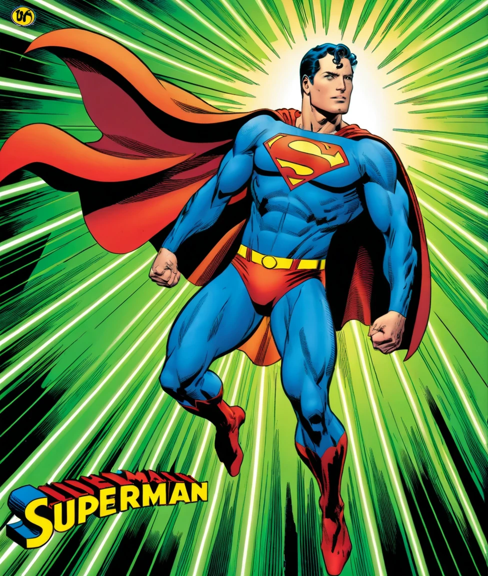 Comic of Superman, graphic illustration, comic art, graphic novel art, vibrant, highly detailed, comic book art style, comics, dynamic lines, vibrant colors, expressive characters, action-packed composition, adds energy and excitement, comic book art style, comics, dynamic lines, vibrant colors, expressive characters, action-packed composition, adds energy and excitement, Logo design style, custom and memorable logo, professional-grade execution, captures brand identity and values, timeless and iconic design