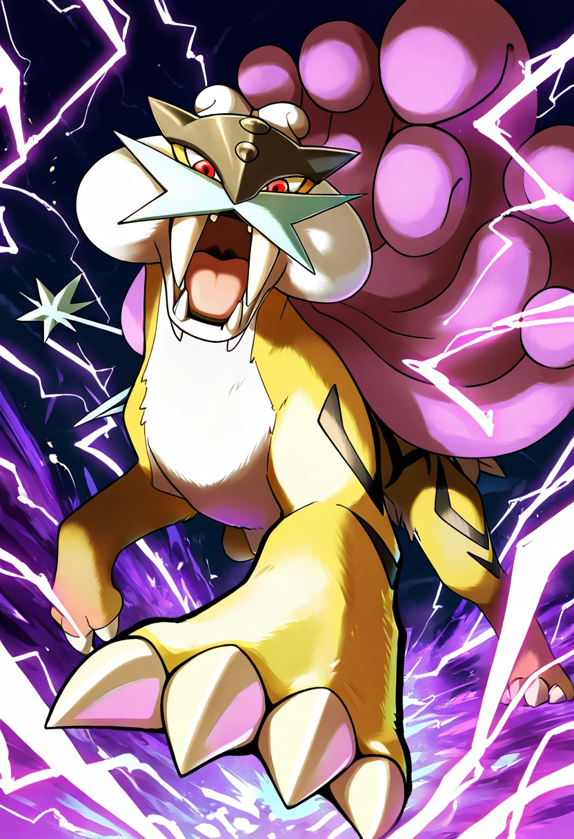 masterpiece, best quality, zzRaikou, looking at viewer, open mouth, red eyes, blurry, no humans, fangs, claws, mustache, electricity, tusks ,<lora:RaikouPokedex_IXL_v1:1.0>,