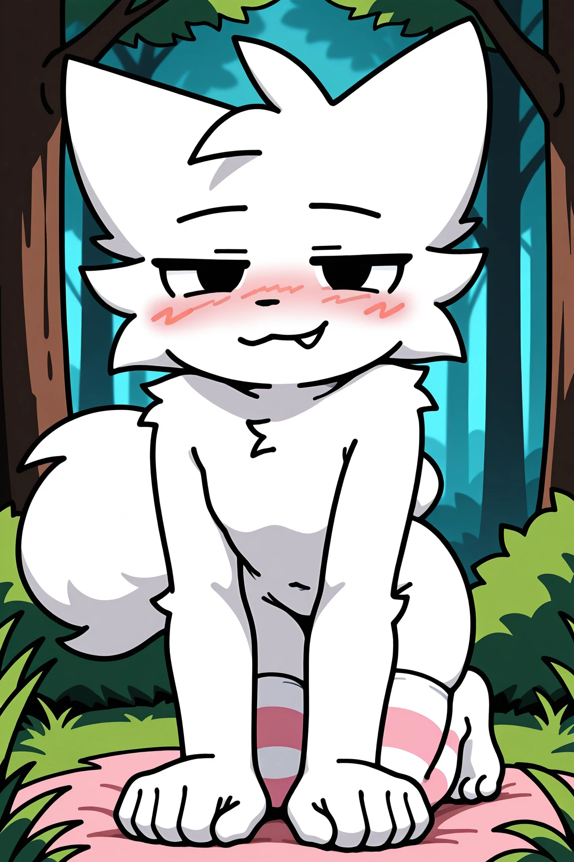 Lamb "Cult of the Lamb", young, small horns, red cloak, black crown, feets whit three toes, detailed body fur, detailed face, detailed eyes, glistering body, shiny body, gorgeous body, masterpiece, high quality, forest, night sky, white hair, furry, anthro, nude, no cloths, puffy tits, vagina, showing butt, back, not human,anus, depressed, on all fours, face down, Pink fur, pink body, sucking a dick, penis in mouth, blowjob, cum in mouth, crying, hands on back, tied, wolf sucking the tits, sucking tits, tits being sucked by wolf, ((vomiting cum)) closed eyes