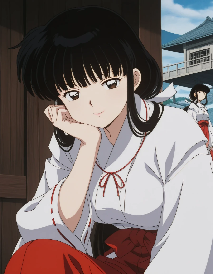masterpiece, best quality, amazing quality,, <lora:inuyasha-kikyou-anime-illustriousxl-lora-nochekaiser:1>, kikyou, long hair, black hair, brown eyes, sidelocks, himecut, mature female, medium breasts, anime screencap, skirt, long sleeves, japanese clothes, hakama, hakama skirt, miko, red hakama,, head rest, smile,, guard tower, security, tall, lookout, protective, cowboy shot, solo, looking at viewer,