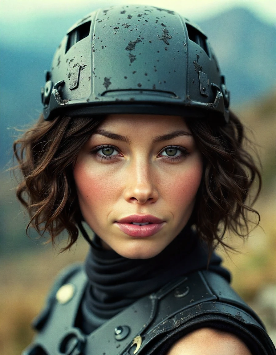 <lora:Jessica_Biel_Ca2002:1> woman Zoomed, Macro Shot, Close-Up, Solo, Alone, Film Still Print, A faded film, desaturated, 35mm photo with a grainy texture, vignette, and vintage aesthetic, reminiscent of Kodachrome or Lomography. The image is stained, highly detailed, and resembles found footage. Water stains and wrinkles and a rip. Stacked Curls In Short Bob Hairstyle Futuristic Soldier, Powered Exoskeleton, Visor Helmet, Energy Weapon, Sci-Fi Infantry, Extreme Close-up, Zoomed Shot, Macro Shot, Looking Directly At The Viewer, Centered, Making Eye Contact, Looking Straight Ahead, Looking Forward, Centered in the Frame, Staring at the Viewer, Looking at the Camera, <lora:zz_s_Chest_Size_Slider:-2> buttoned up top