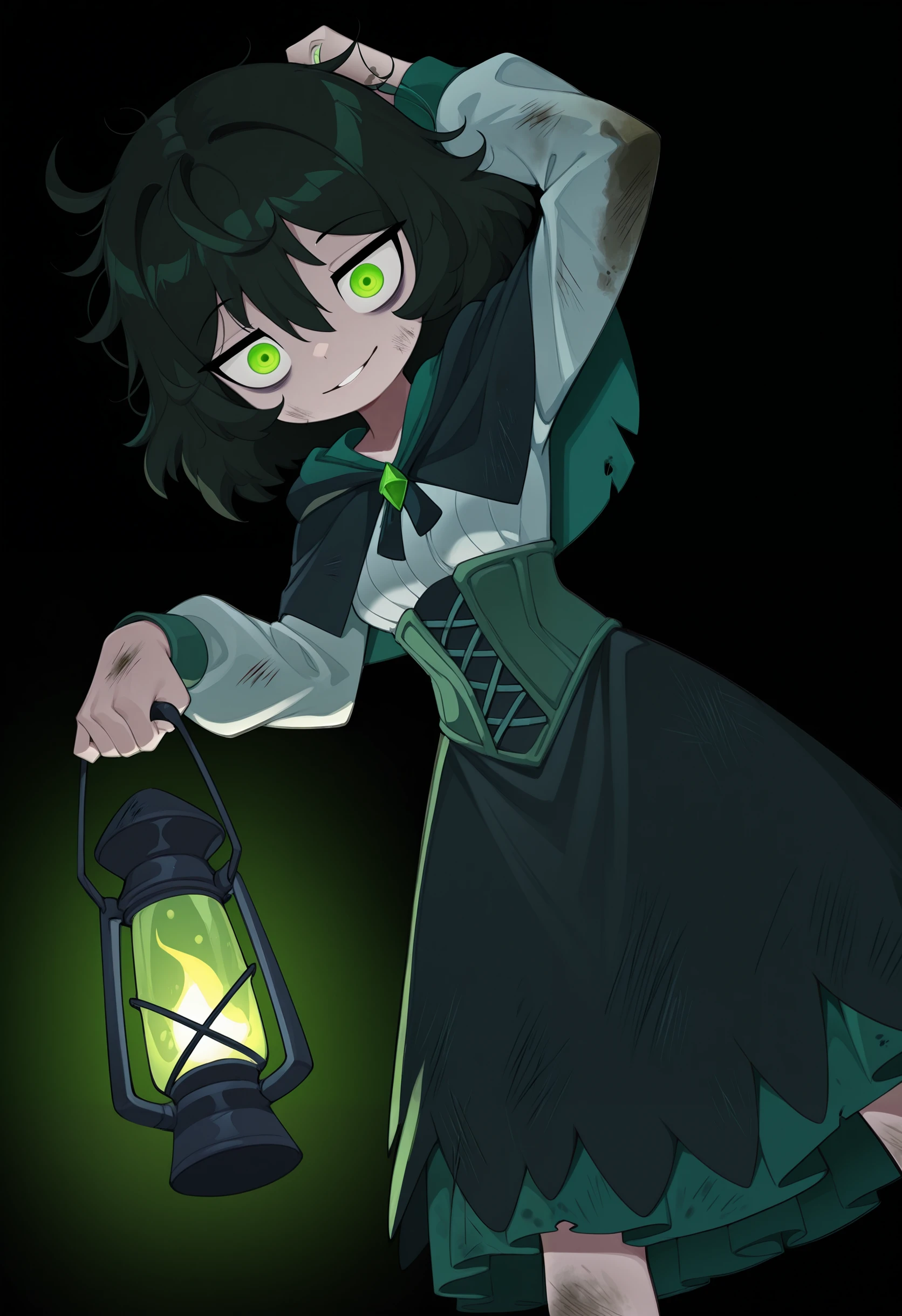 masterpiece,best quality,absurdres,highres,scenery,

bleedman style, toon (style),

1girl, (hunched over:1.4), arm up, holding lantern, (green theme:1.1), sewer, black theme, dark, (too many:1.2), black mouse (animal), green eyes, glowing eyes, fantasy, bags under eyes, pale skin, black capelet, black dress, (green dress:0.7), layered dress, blending, [swarm|army], false smile, (jitome:0.9), (messy hair:1.2), black hair, small breasts, cross-laced dress, corset, (dirty, dirty clothes:1.2), arm above head, parted lips, looking at viewer, constricted pupils,cowlick,(dutch angle:1.3), (green fire:0.8), black background, long sleeves,simple background,perspective, green light,underlighting,