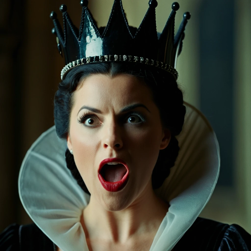 cinematic film still of <lora:Evil Queen illu v1:0.9>
Evil Queen a closeup of a surprised woman staring to the camera with her mouth open while wearing a black crown on top of her head with a shock facial expression on her face in a hazy smoky room in 1500s 15th century, solo, open mouth, black hair, female focus, parody, realistic, shallow depth of field, vignette, highly detailed, high budget, bokeh, cinemascope, moody, epic, gorgeous, film grain, grainy