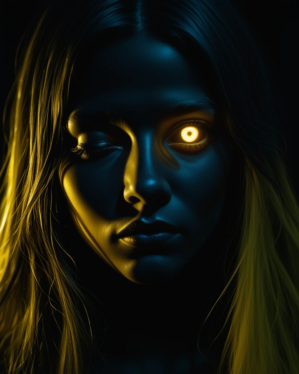 make-up, black background, darkness, dark room, concept art, pitch black, night, 1girl, in shadows, one glowing eye, one eye closed, face close up, shadow face, hair over face, illuminated, reflections, yellow, 
