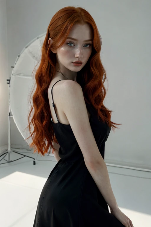 (photo of a beautiful Russian girl:0.777) , <lora:RussianBeauty>, photoshoot, red hair, light white background, black dress, portrait, volumetric lighting,