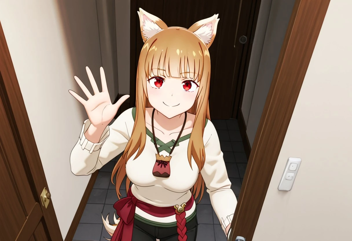 high resolution, gorgeous, absurdres, best quality, anime screencap, source_anime, official art, seismic, 3d, 1girl, Holo, wolf girl, animal ears,animal ear fluff,wolf ears,very long hair,shiny hair,brown hair,sidelocks,blunt bangs,red eyes, collarbone,pouch,white sweater,long sleeves,red sash,medium breasts,black pants,wolf tail,black footwear, apartment building, opening door, smile, XD, waving, looking at viewer