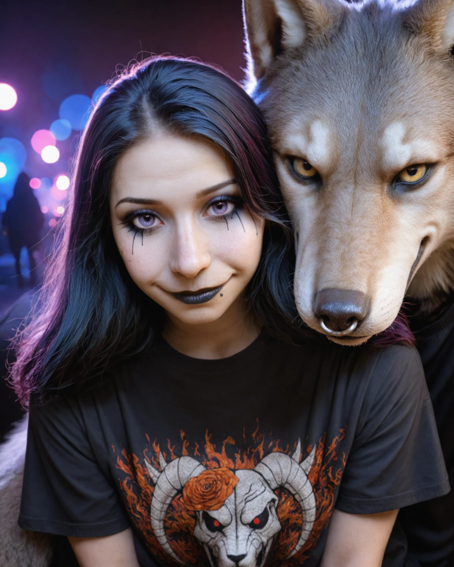 masterpiece, best quality, highres, absurdres, (realistic, photorealistic), very aesthetic, cinematic, vibrant colors, colorful, 1girl, french girl, perfect shadow, looking at viewer, low light, dark, bokeh, black hair, goth, makeup, smile, closed mouth, black lips, nose piercing, duo, 1boy, anthro, wolf, black t-shirt, fully clothed,