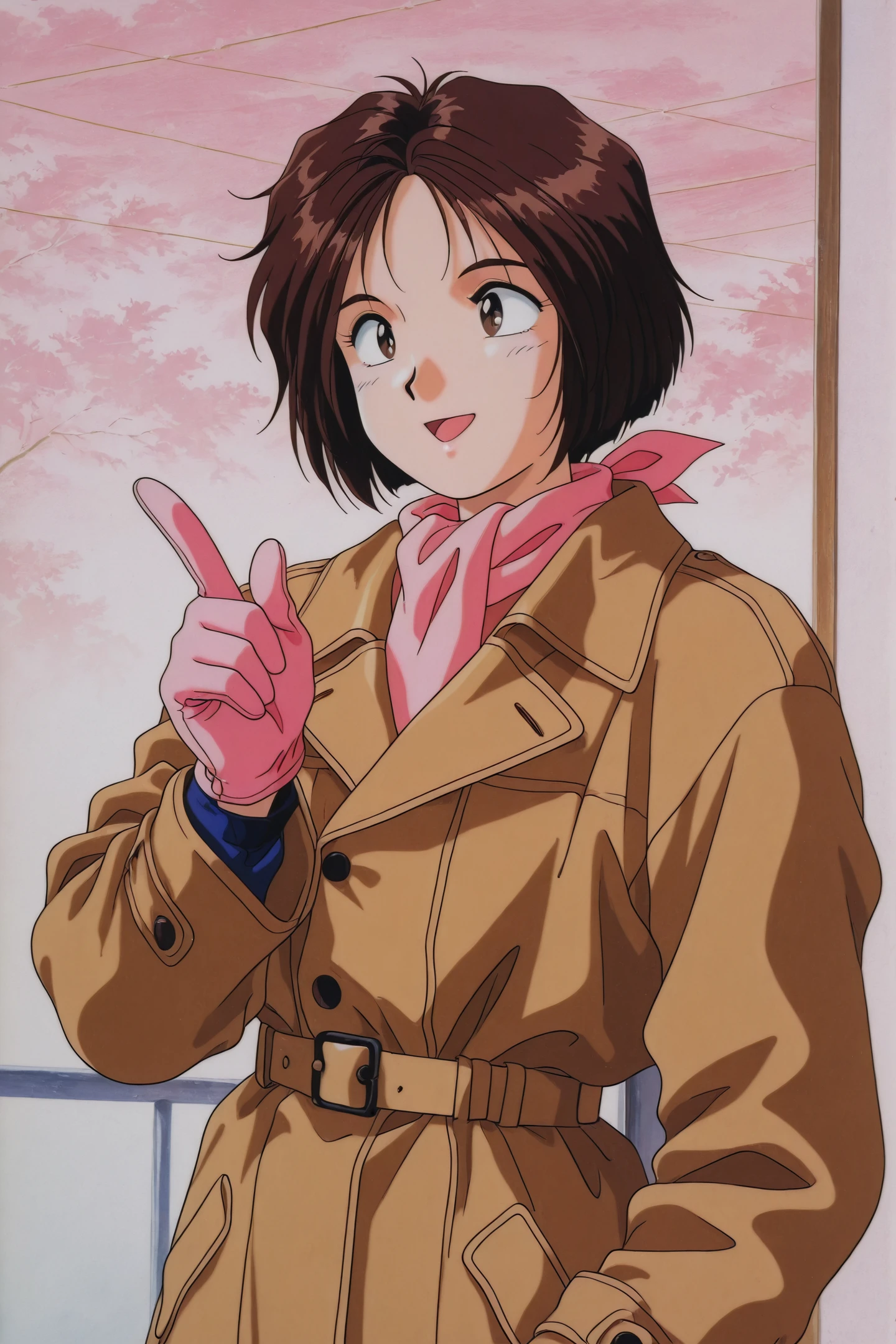 Megumi Morisato,OVA Style,retro artstyle,1girl,solo,1990s \(style\),gloves,short hair,brown hair,brown eyes,pink gloves,smile,open mouth,index finger raised,coat,pointing,scarf,upper body,jacket,
<lora:Ah! My Goddess_illustriousXL:1>,
