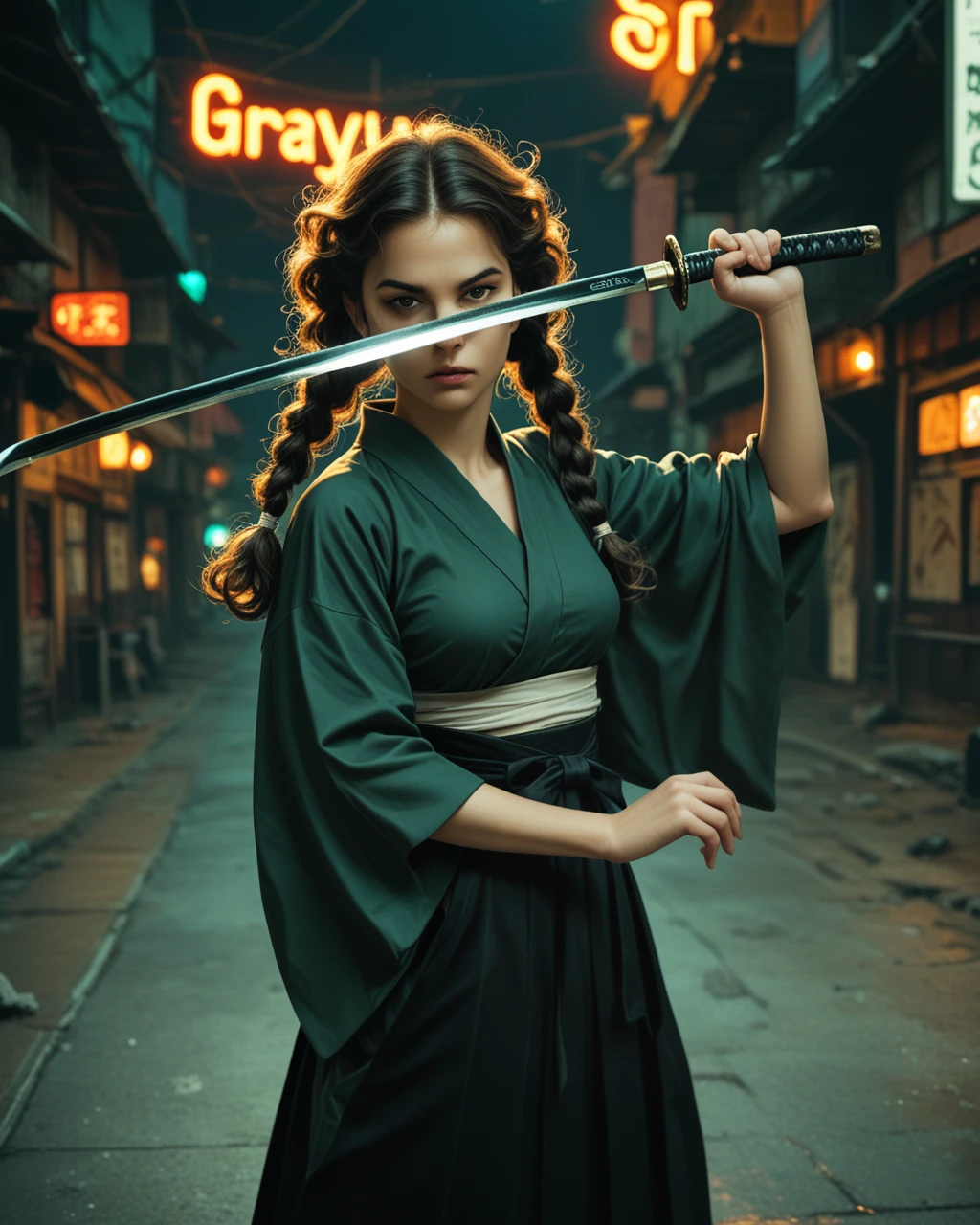 lazy girl, solo, medium breasts, samurai, dark green kimono, curly hair, shoulder-length hair, brown hair, twin braids, twin braids at the front, detailed eyes, grayish brown eyes, black Hakama, backlighting, cowboy shot, holding katana, weapon focus, reflection on blade, night, dynamic pose, intense, abstract background, act, cyberpunk, neon lights