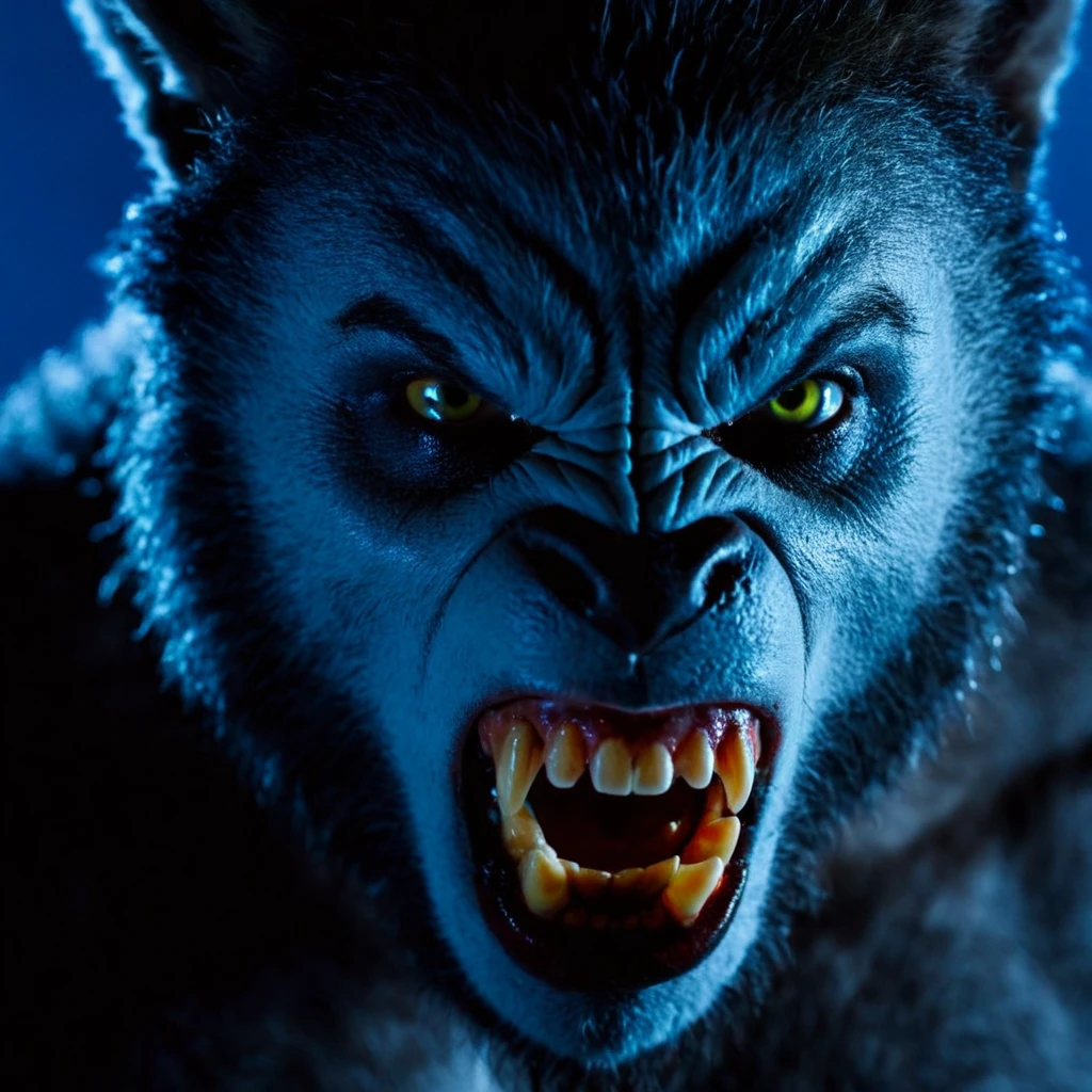 cinematic film still of <lora:Werewolf illu v1:0.9>
a close up of a Werewolf with a creepy look Werewolf Style, solo, looking at viewer, black hair, teeth, colored skin, blue background, traditional media, portrait, blue theme, horror (theme), photorealistic, beast, blue moonlight shining on face, blue themed, staring, surprised, shallow depth of field, vignette, highly detailed, high budget, bokeh, cinemascope, moody, epic, gorgeous, film grain, grainy