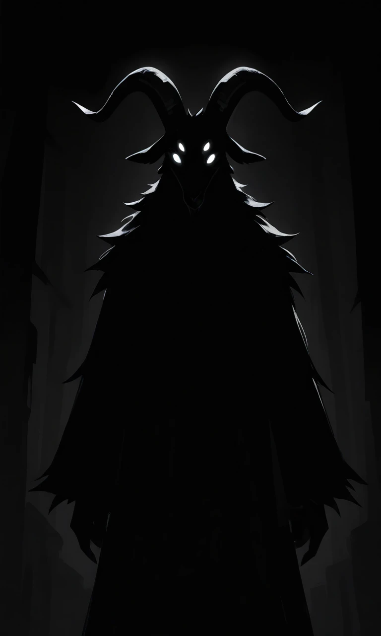 solo,black theme, monochrome, glowing eyes, dark,1boy,furry male,goat male,goat horns,goat ears,black skin,black fur,fur-trimmed robe,wide long sleeves,black robe,extra eyes,six eyes,hauntedglow