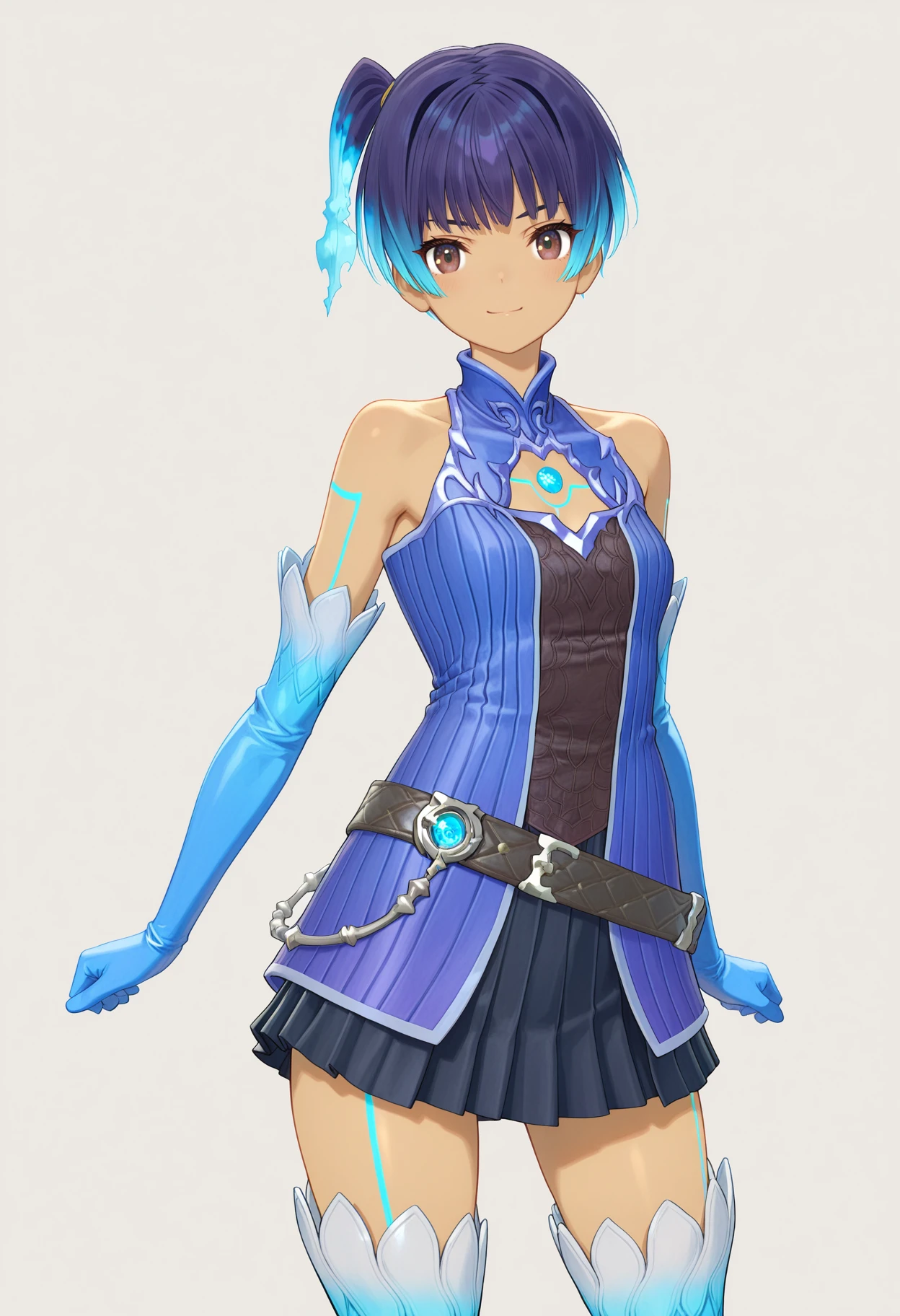 masterpiece, best quality, good quality, cosplay, sena, 1girl, solo, fiery hair, brown eyes, ribbed shirt, elbow gloves, thigh boots, dress belt, pleated skirt, chest jewel, thigh markings<lora:sena illustrious 049:1>