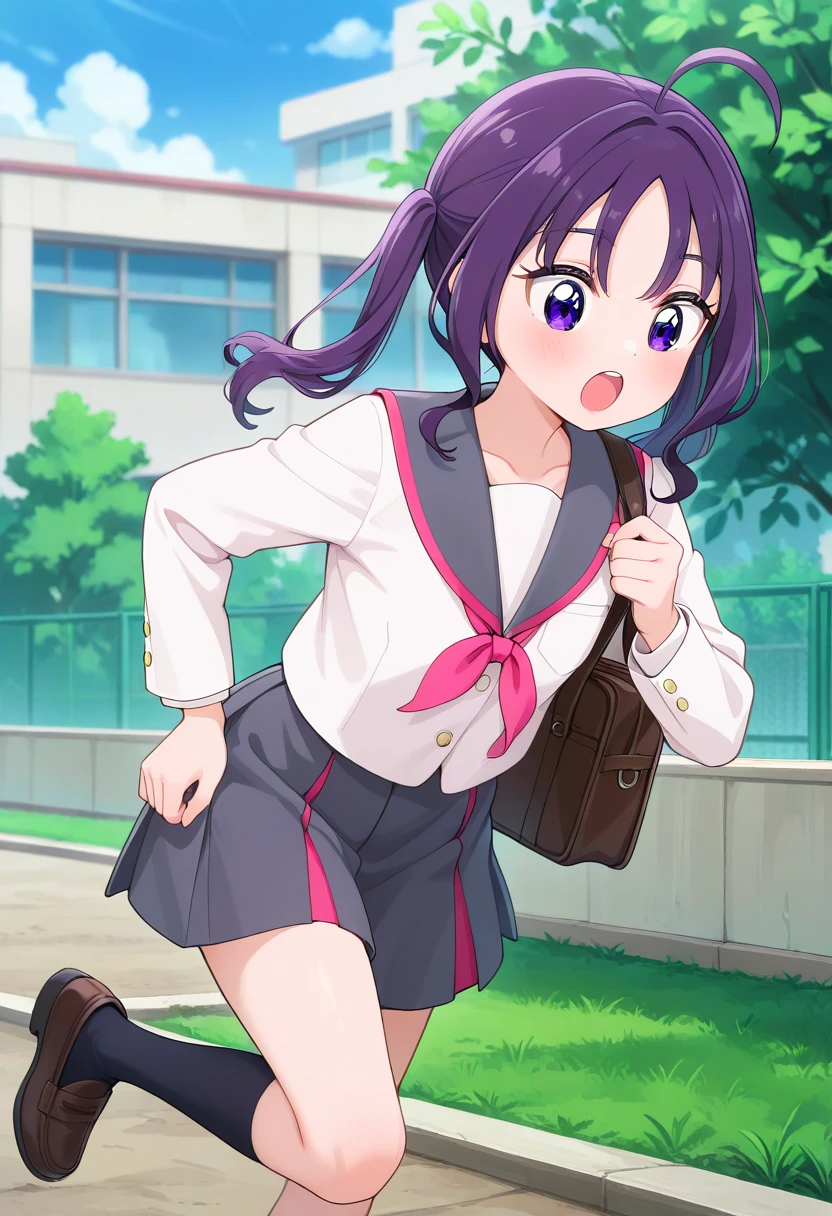 masterpiece, best quality, absurdres, very aesthetic, general,
shigure kokoro, school uniform, 1girl, solo, purple hair, twintails, purple eyes, open mouth, running, ahoge, outdoors, long sleeves, brown footwear, day, grey skirt, floating hair, teeth, serafuku, school bag, blue sky, white shirt, tree, long hair, standing, upper teeth, cloud, eyebrows visible through hair, pleated skirt, pink neckwear, holding bag, standing on one leg, looking at viewer, :o, collarbone, sidelocks, shiny hair, eyelashes, brown bag, leg up, grey sailor collar, miniskirt, building, loafers, school, grass, clenched hand, medium hair, black skirt, hair intakes, hand up, fence, blue skirt, :d, cowboy shot, sailor shirt, tongue, hand on hip, kneehighs, bush, socks, white jacket, walking, looking down, hair between eyes, looking to the side, blurry background, parted bangs, bowtie, dot nose, ribbon, smile, round teeth, holding strap, leaning forward, feet out of frame, buttons, purple neckwear, red neckwear, pink neckerchief, upper teeth only, school briefcase, purple sailor collar
<lora:cure_kyunkyun_shigure_kokoro_illustXL_locon_v1:0.7>