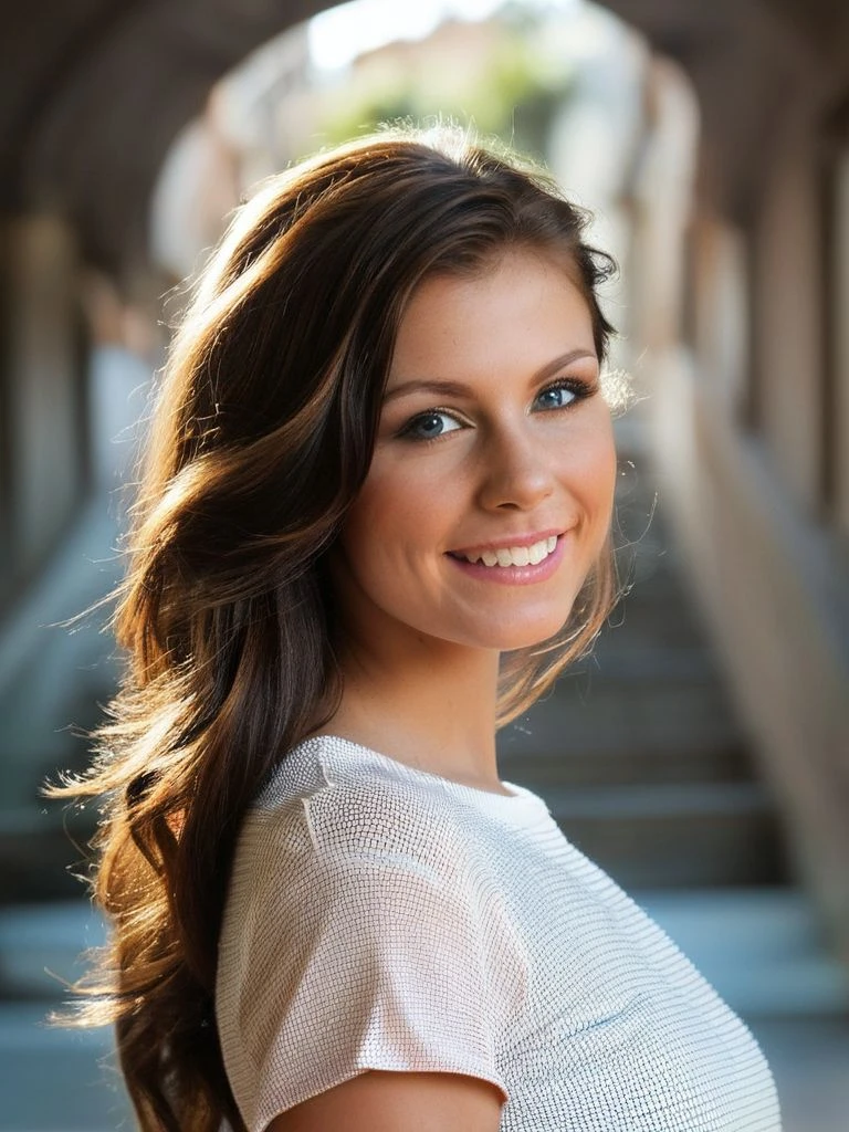 <lora:Wh1tn3yW_pdxl_v11:0.8>, Wh1tn3yW, 1girl, solo, brown hair,   long hair,  facing the viewer, upper body, grin, Embroidered Top, tunnel, masterpiece, best quality, highly detailed, zPDXLrl, score_9, score_8_up, score_8, semi-realistic, photorealistic, <lora:add-detail-xl:0.9>, realistic eyes, hyper realistic eyes, pretty eyes,