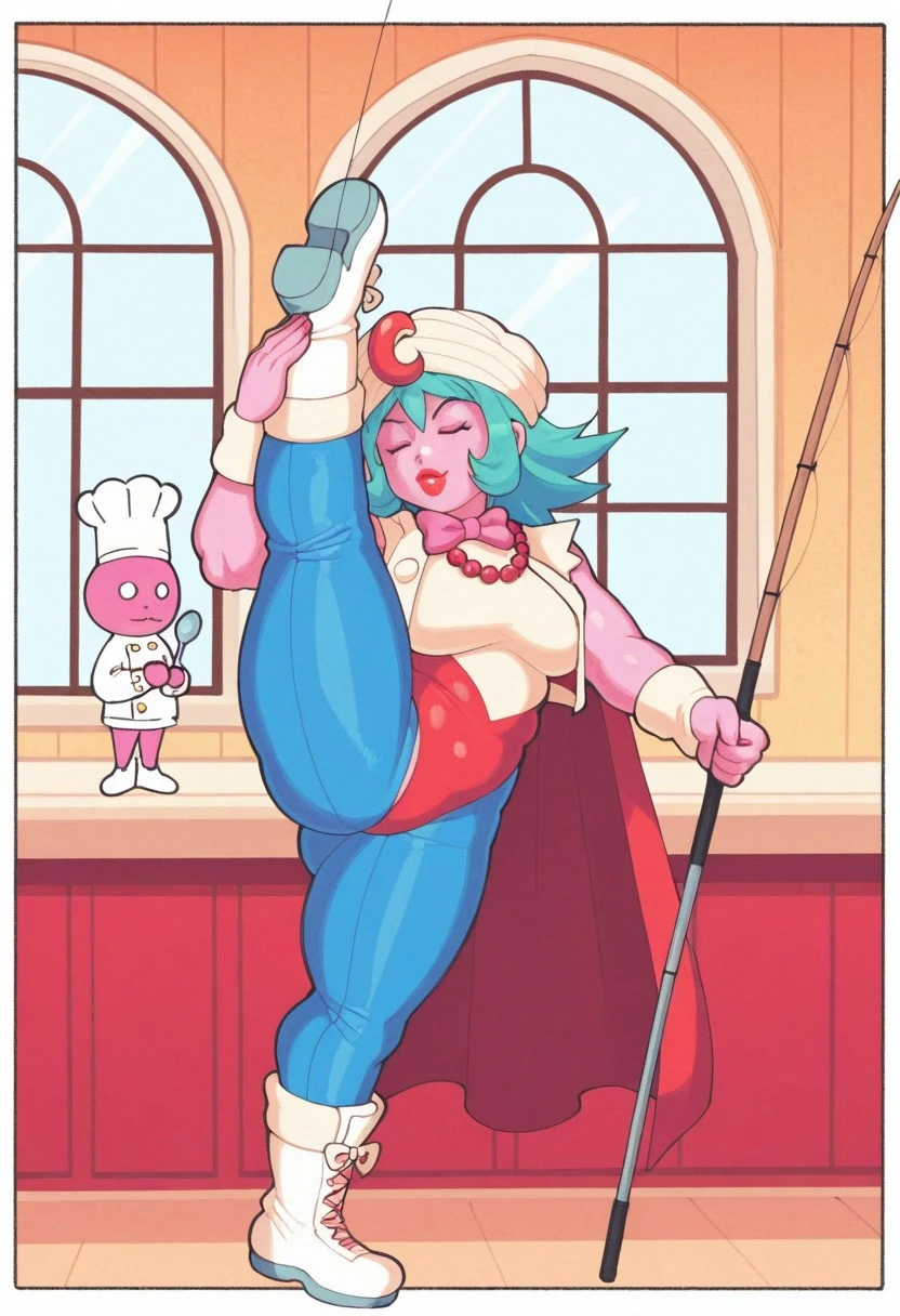 inkuusan, pink skin, chef hat, red cape, blue pants, aqua hair, turban, leotard, fur, plump, window, salute, red lips, ice cream, bead necklace, red panties, pink bowtie, standing split, white footwear, wrestling outfit, holding spoon, holding fishing rod, spiked hair, open vest