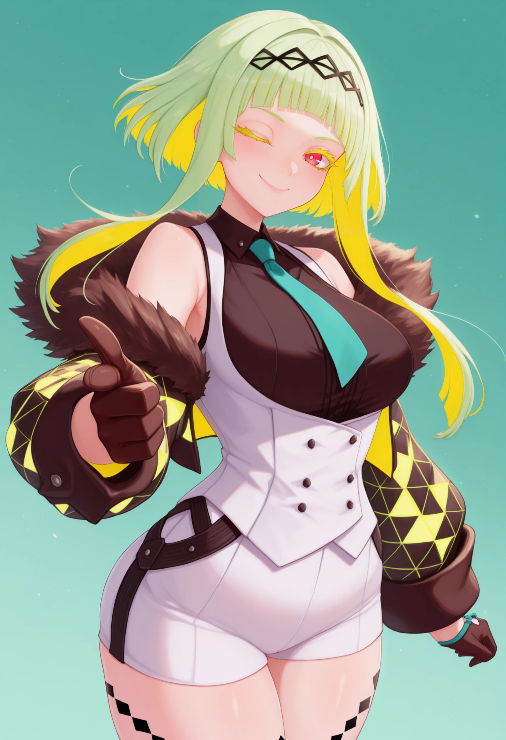 masterpiece, best quality, solo, 1girl, smile, looking at viewer, <lora:creamcod-artist-richy-v1_ixl:1>, gradient background, green background, <lora:Ringo-illus_Fp:1>, ringosh2, short hair with long locks, red eyes, green hair, colored inner hair, colored eyelashes, hairband, collared shirt, white vest, white shorts, necktie, black shirt, cropped jacket, fur trim, off shoulder, body markings, gloves, finger gun, one eye closed,