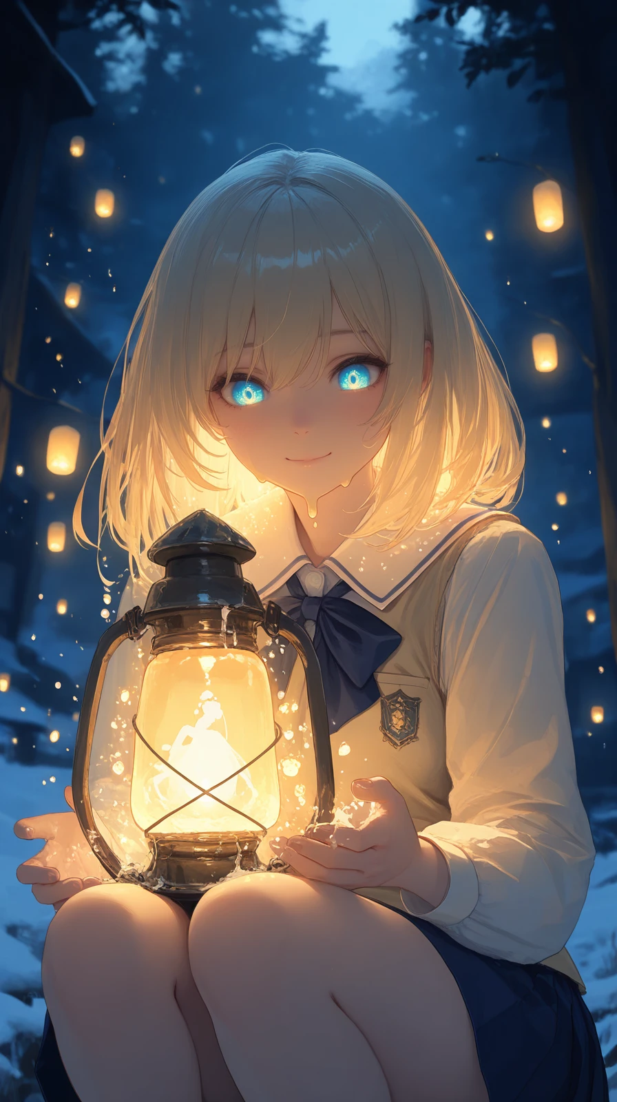 masterpiece, detailed_eyes, high_quality, best_quality, highres, absurdres, 8k, Jedst1, a cheerful schoolgirl in spring uniform, in a snowy village glowing with lanterns, with surreal proportions and melting forms, under soft ambient light with warm tones, creating a chaotic and vibrant atmosphere ,<lora:Jedst1-000004:1>