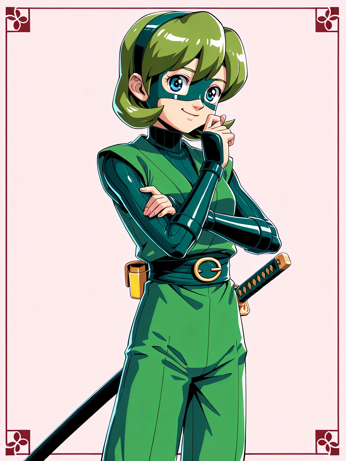 <lora:Vintage Eroge Pixel Style:0.9> vintageeroge
<lora:Based Saria IL:0.75> basedsaria, smile
(ninja outfit:1.3), katana, facemask