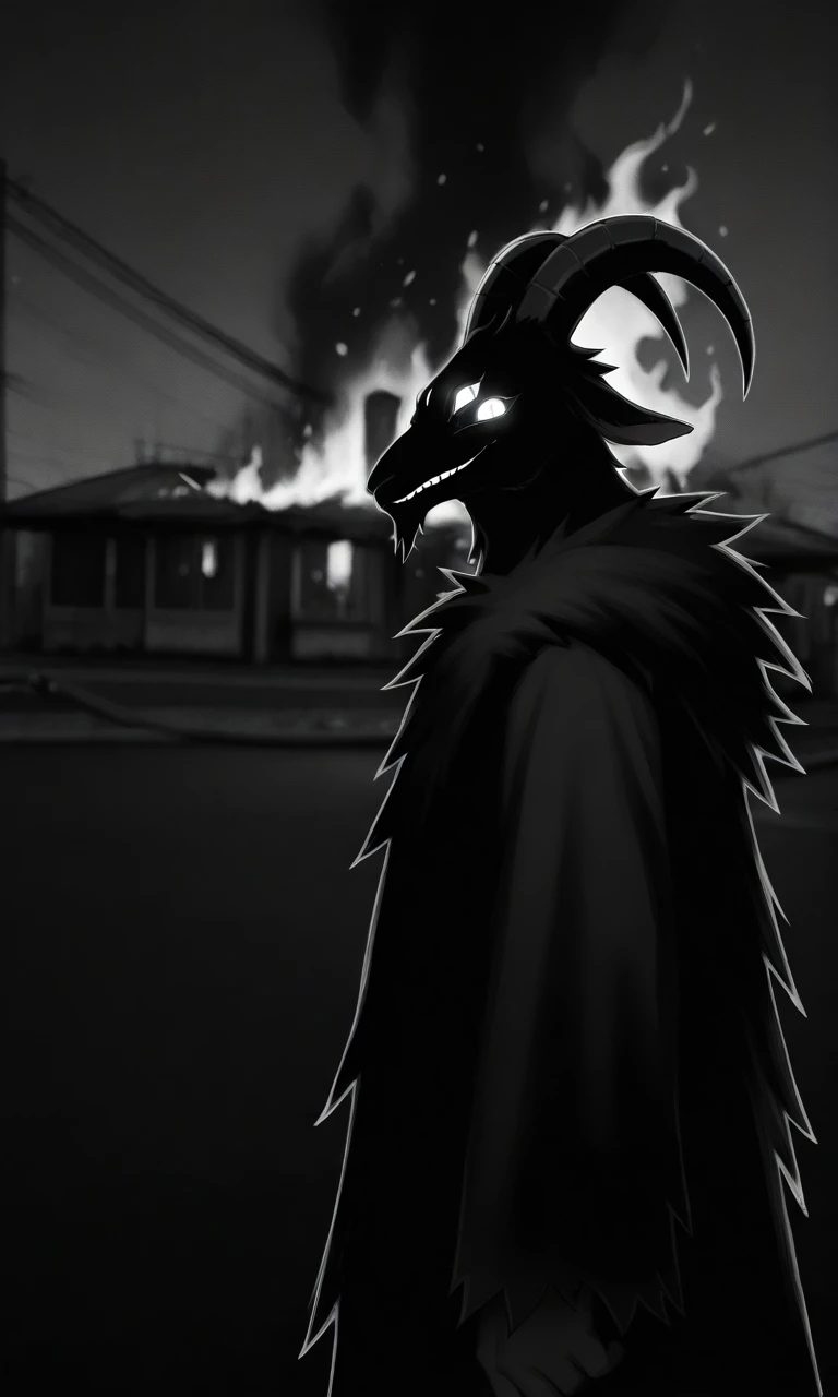 solo,black theme, monochrome, glowing eyes, dark,1boy,furry male,goat male,goat horns,goat ears,black skin,black fur,fur-trimmed robe,wide long sleeves,black robe,extra eyes,six eyes, disaster_girl, fire, burning building, photo background, from side,looking at viewer,evil smile