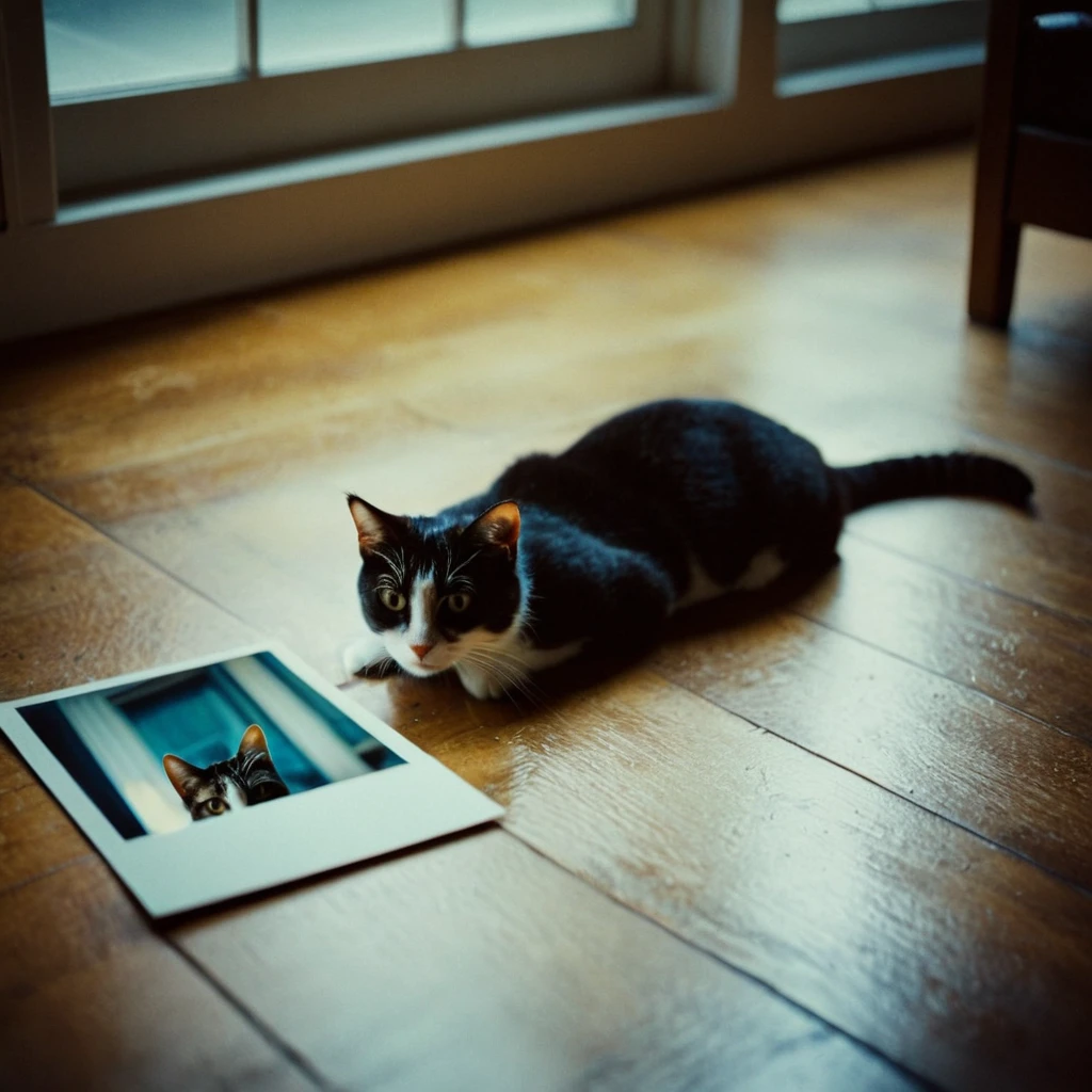 cinematic film still of <lora:Polaroid style illu v1:1>
A cinematic Polaroid photography of a cat laying on the floor next to a mirror, film still, sharp, detailed, perfect, perfection style, Kodak, film, fujifilm, technicolor, vivid color, spotlight, amateur photography style, bright light, flash photography style, white light, over exposed style, Polaroid style, looking at viewer, indoors, blurry, no humans, window, blurry background, animal, cat, realistic, animal focus, photorealistic, reflection, wooden floor, oversized animal, reflective floor, photo inset
, shallow depth of field, vignette, highly detailed, high budget, bokeh, cinemascope, moody, epic, gorgeous, film grain, grainy