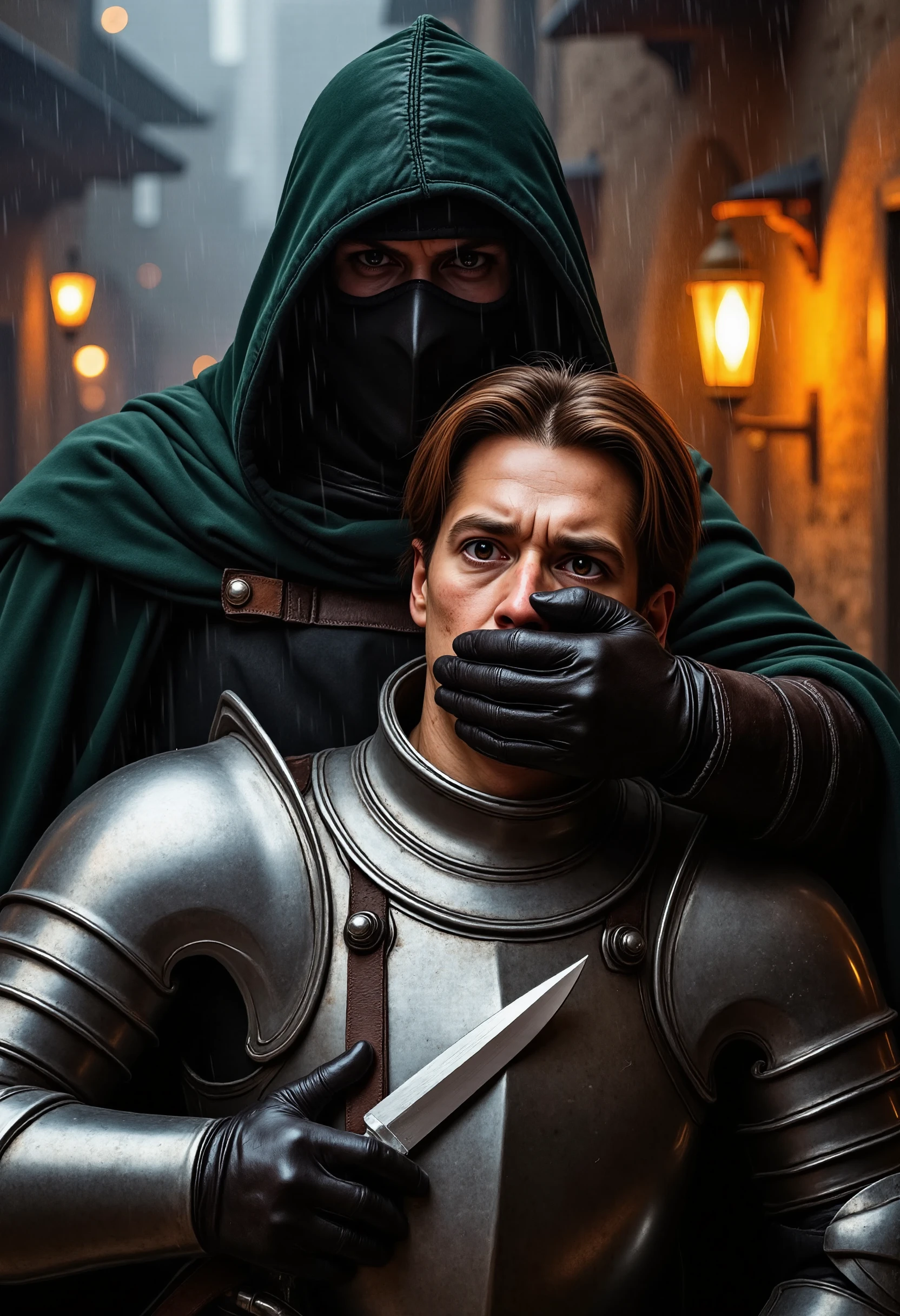 A cinematic 35mm Hyperrealistic.hanna still frame featuring a knight in shining armor and a hooded rogue behind him. The shadowy rogue, wearing a dark green cloak, a black leather mask, and wielding a silver dagger, covers the knight’s mouth with his gloved hand. His leather-gloved hand presses tightly against the mouth of the armored knight. The victim has a scarred face, a furrowed brow, and his silver helmet is slightly askew, revealing his desperate, wide eyes. The rogue’s other hand holds the dagger close to the knight’s throat, while the knight’s eyes are filled with a mixture of fear and anger. They are standing in a dark, rain-soaked cobblestone alley of a medieval city, with flickering torches casting a dim, golden glow, creating a tense and gritty atmosphere.