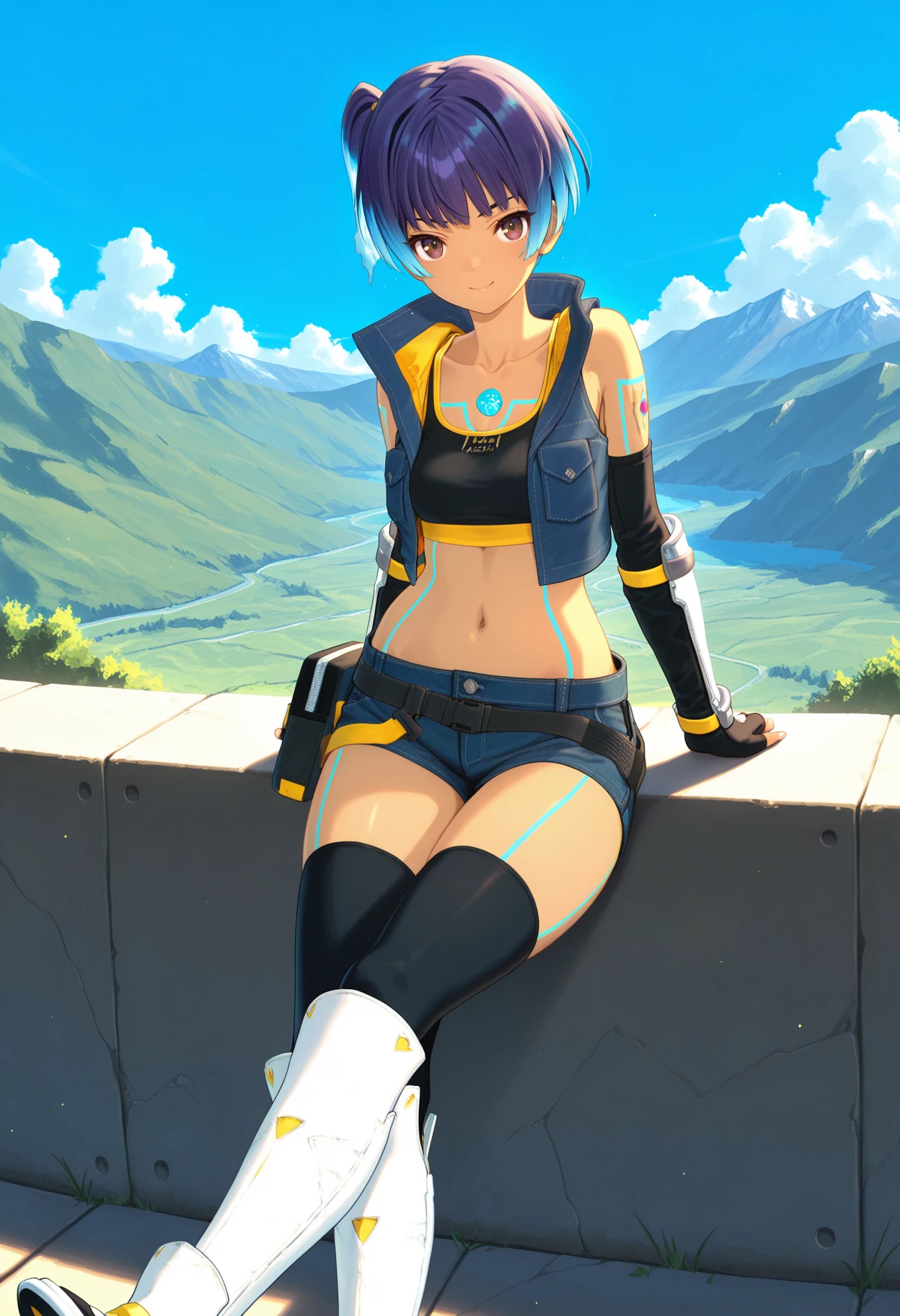 masterpiece, best quality, good quality, xenoblade, sena, 1girl, fiery hair, solo, chest jewel, brown eyes, cropped jacket, denim shorts, sports bra, black fingerless gloves, arm guards, black thighhighs, knee boots, fanny packmidriff markings, thigh markings, scenery <lora:sena illustrious 049:1>