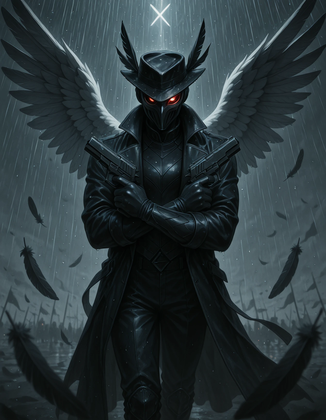 Flatline, Flat vector illustration,,masterpiece, best quality, good quality, very aesthetic, absurdres, newest, 8K, depth of field, focused subject, dynamic angle, A mysterious anime character in a long coat and theatrical mask, standing in the rain with crossed pistols forming an X. One eye glows red through the mask. Doves or feathers fall around them. Very dramatic, hyper-realistic anime noir style. <lora:XPistolPoseIL:1> x pistol pose