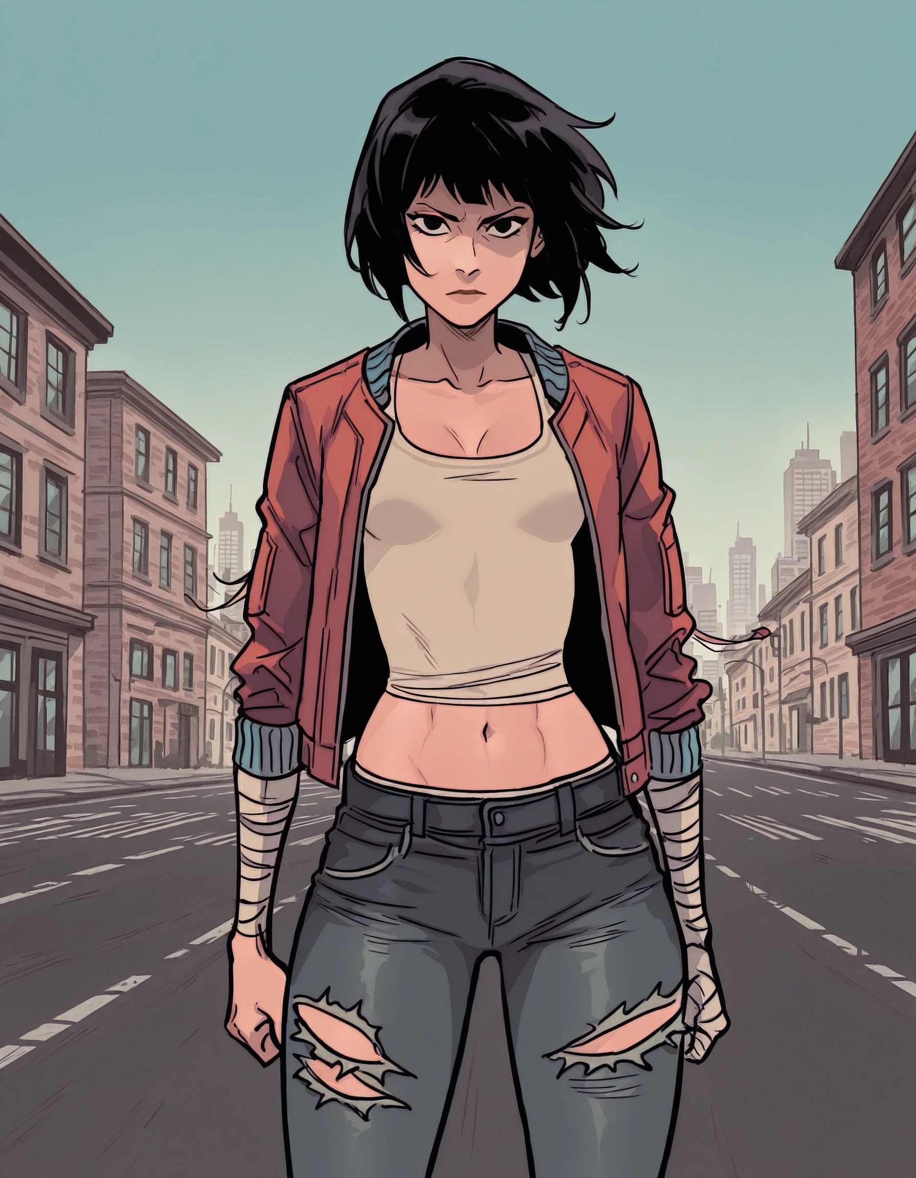 An athletically built woman with defined muscles. Her skin is covered with artistic tattoos, that extend over her arms and neck. She has short, black hair, that appear wild and untamed. Several piercings adorn her ears, Nose and eyebrows. Her eyes are dark and intense. She wears dark, practical clothing such as leather jackets, Boots and ripped jeans. backdrop: World of Darkness, dark urban fantasy, natta, City, City, neon lights, nattaleben, Vampire.