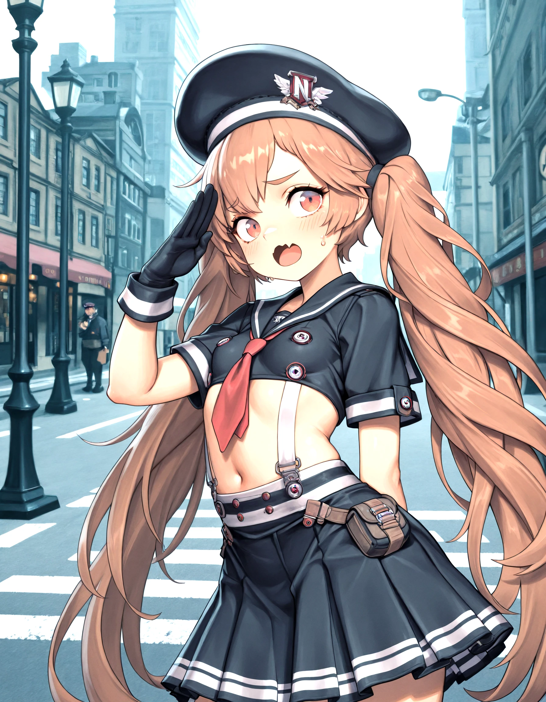 masterpiece,best quality,absurdres, amazing quality <lora:MirandaNikkeIllust16V7-000005:0.99> sailor_collar, black_gloves, open_mouth, miranda_def, suspenders, black_skirt, beret, salute, standing, small_breasts, open_mouth, skin_fang, nervous, street, lamppost, city,