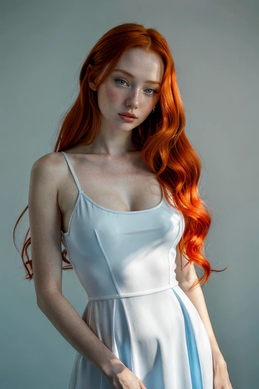 (photo of a beautiful Russian girl:0.666) , <lora:RussianBeauty>, photoshoot, red hair, light blue background, white long dress, portrait, volumetric lighting,