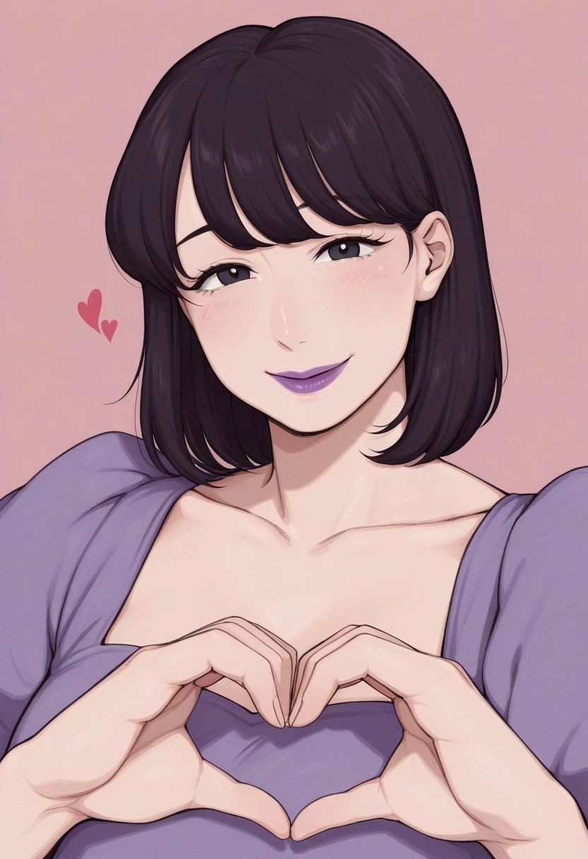 akinaiyo 1girl, solo, medium build, medium hair, sfw, safe for work, covered skin, flowy dress, black eyes, purple lipgloss, smiling, portrait, upper body, heart hands,