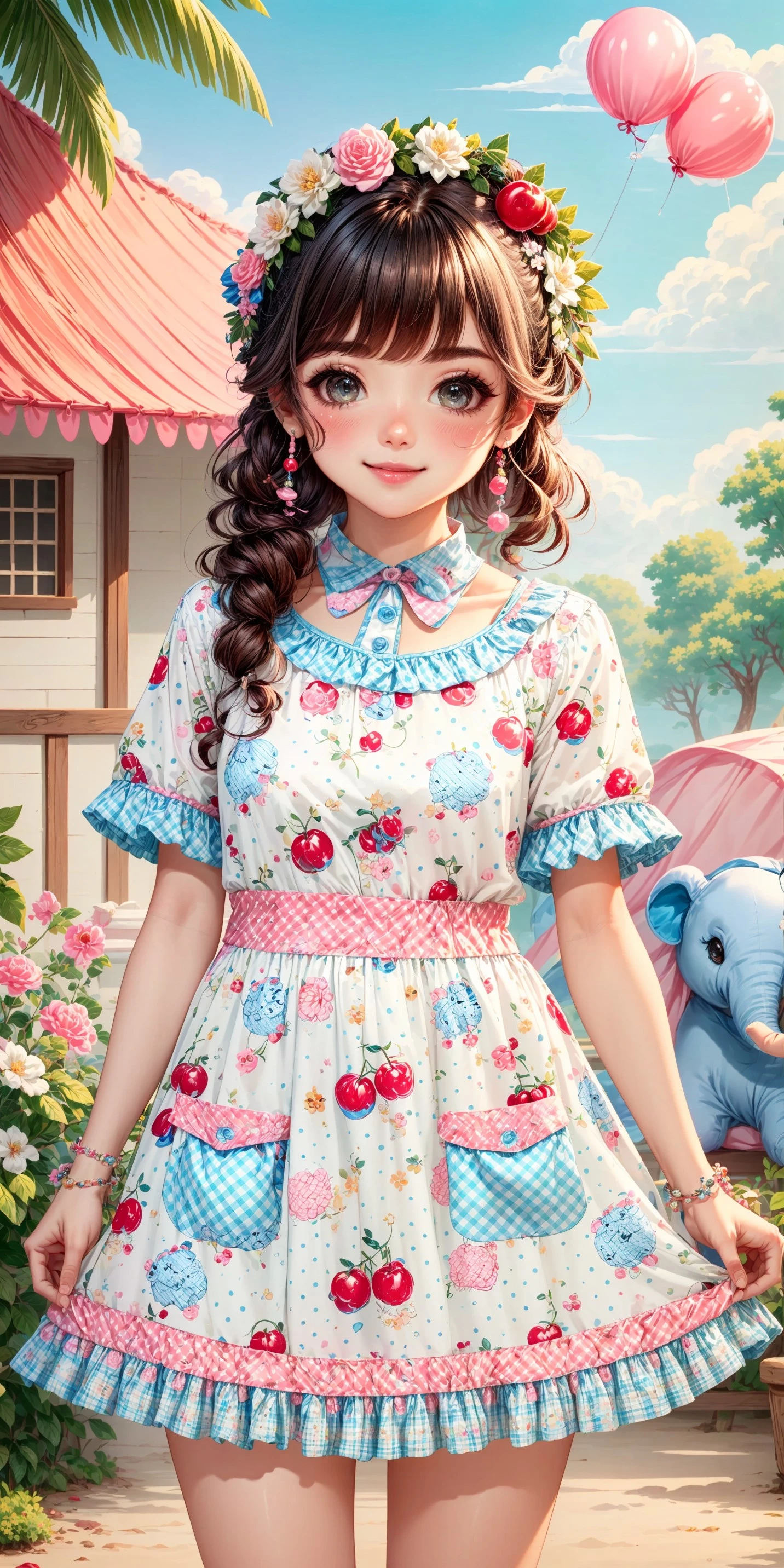 (front facing, facing viewer) 1girl, smile, blush, reddish pink and blue gingham border bottom hemline, red gingham ears on blue gingham plaid elephant themed waist pockets, blue gingham plaid (elephant themed waist_pockets), and colorful floral wreath prints on tent_dress), polka dot prints, cherry, cute stuffed elephant, (cute stuffed bunny, colorful floral wreath print, blue polka dot print, polka dots, red cherry print, fruit_print, pastel blue cute stuffed elephant print, pastel pink cute stuffed bunny print, stuffed animal print, animal prints, print dress, multicolored clothes, red gingham trim on light beige short sleeves, light beige short cute stuffed rabbit and elephant (blue polka dot print short sleeves), gingham and blue polka dot print on light beige two-tone fabric peter pan collar, (gingham print), colorful reddish pink and light beige and blue two-tone fabric gingham polka dot print (peter pan collar), maximalist patterned dress, light beige red blue and pink cute rabbit and elephant print tent_dress, <lora:scene_:0.5>, <lora:FashionComplexityEnhancerLORAv1:0.4>, <lora:31aebadf-51dc-459a-a019-bba34bf78f41:0.6>, <lora:more_details:0.7>, <lora:96073874-f082-4683-942e-601cecac5c40:0.3>, <lora:f7d08feb-f21d-42d0-9ef1-a9481867524d:0.3>, <lora:5844635f-c9c3-4f9e-85c4-d0d40f201159:0.3>, <lora:dde4416e-9f24-48d4-a965-d989baea5d73:0.2>, ,