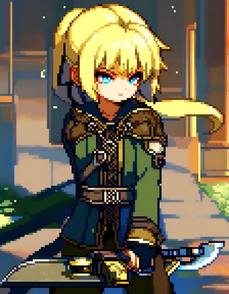 masterpiece,best quality,very aesthetic,highres,<lora:FSRGG_ilv2-000010:1>,fsr0ug,blonde hair,blue eyes,1boy,solo,<lora:pixel_base_model:1>,holding weapon,