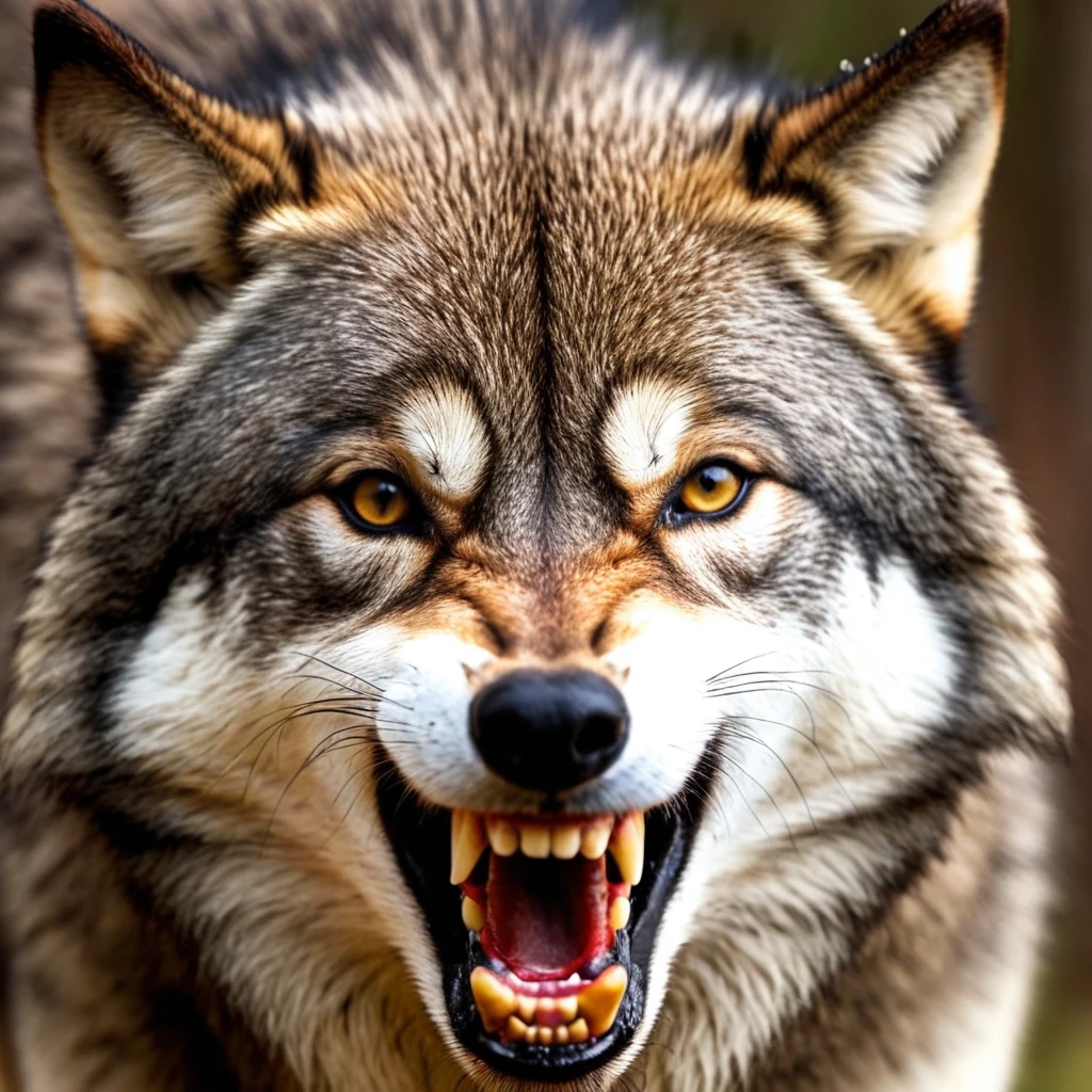 UHD, 4k, ultra detailed, cinematic, a photograph of <lora:Werewolf illu v1:1>
a brown wolf with a scary smile on his face staring at camera Werewolf Style, solo, looking at viewer, open mouth, teeth, blurry, no humans, blurry background, depth of field, animal, portrait, nature, animal focus, photorealistic, outdoors, fangs, close-up, dog, epic, beautiful lighting, inpsiring