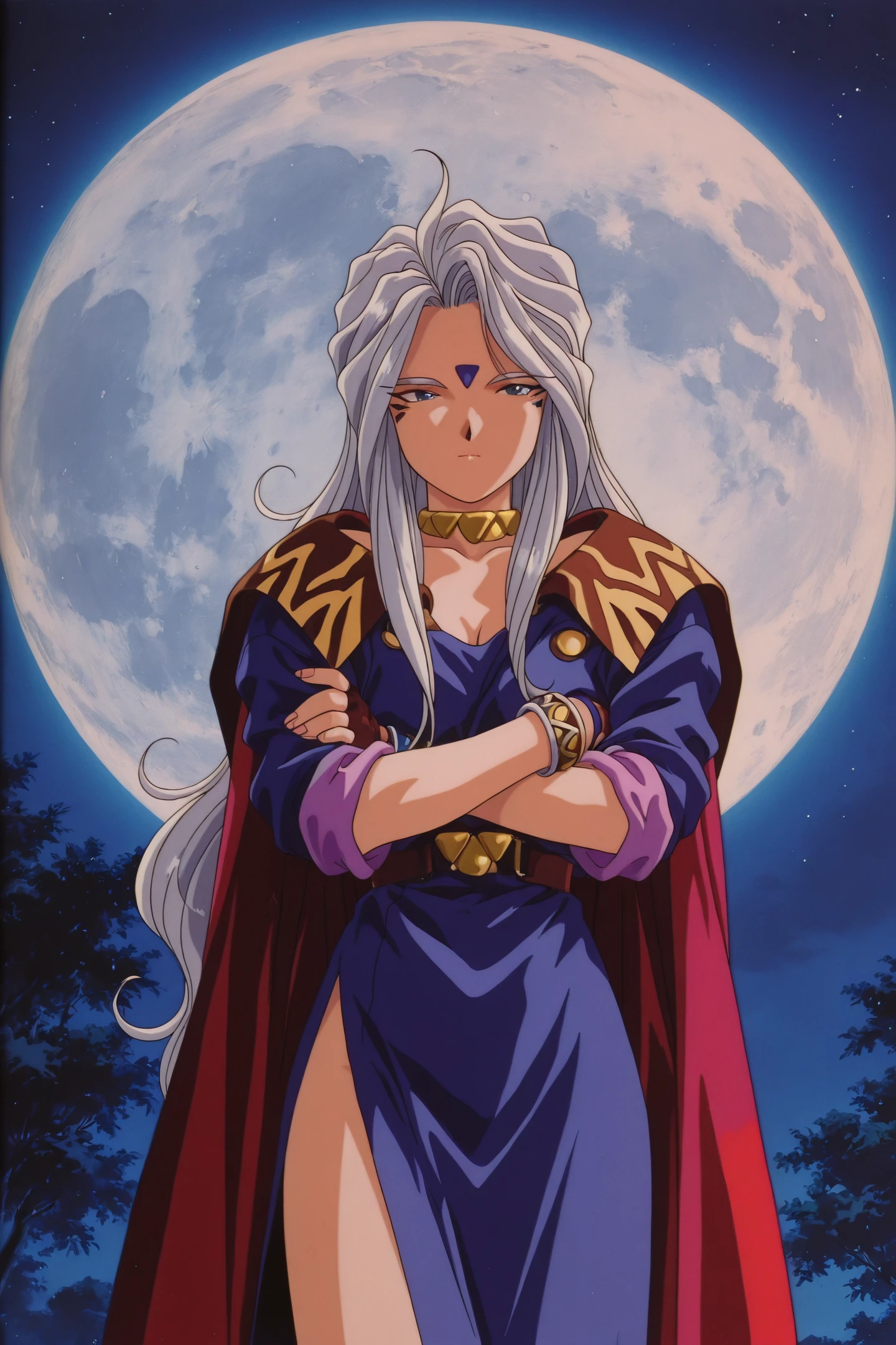 OVA Style,Urd,1girl,1990s \(style\),retro artstyle,solo,facial mark,forehead mark,long hair,bracelet,crossed arms,cape,jewelry,dress,fingerless gloves,night,gloves,side slit,moon,
<lora:Ah! My Goddess_illustriousXL:1>,