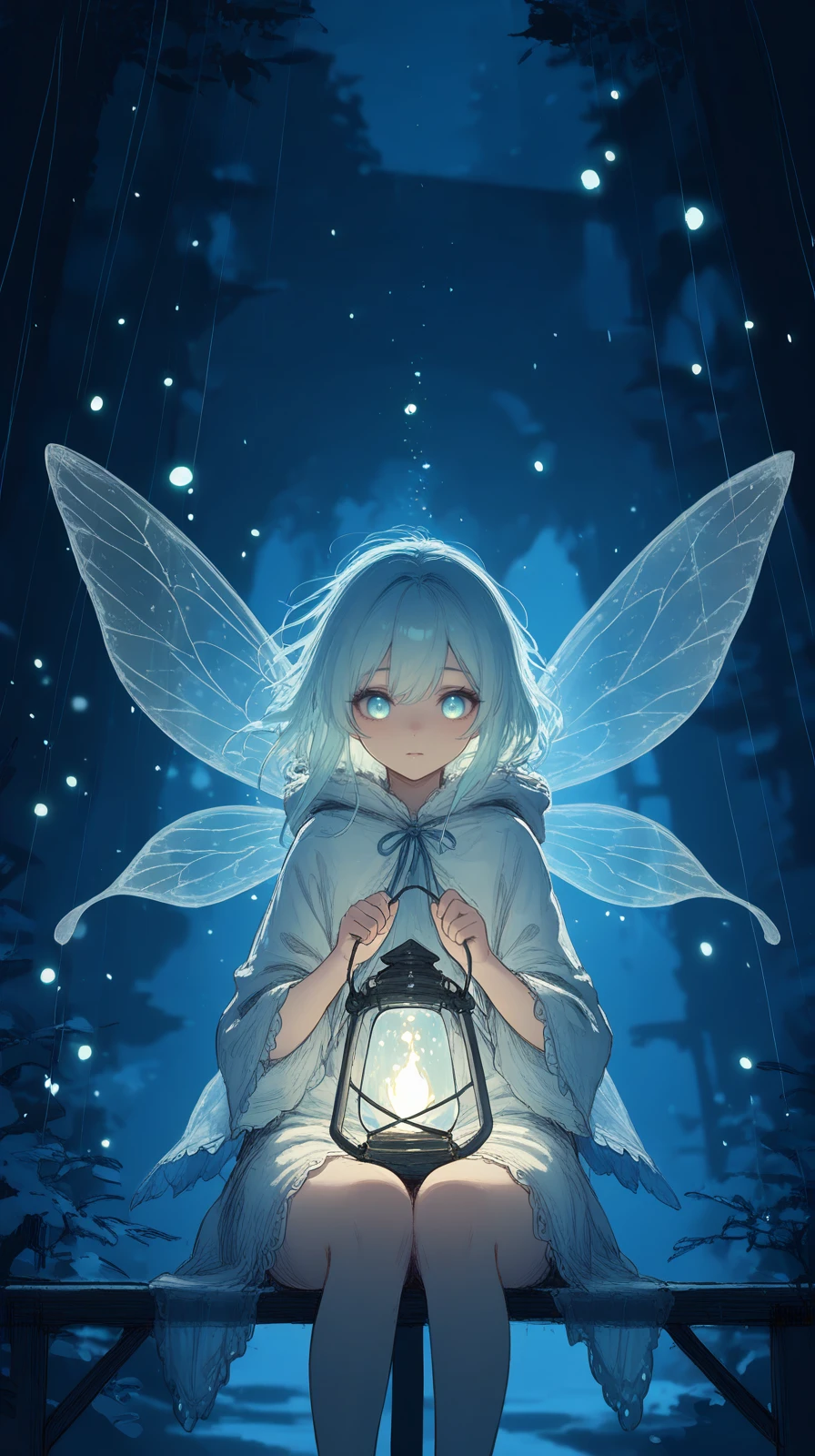 masterpiece, detailed_eyes, high_quality, best_quality, highres, absurdres, 8k, Jedst1, an ethereal fairy with translucent wings, in a snowy village glowing with lanterns, with sketch-like lines and hatching, under moonlight casting long blue shadows, creating a tense and suspenseful atmosphere ,<lora:Jedst1-000004:1>