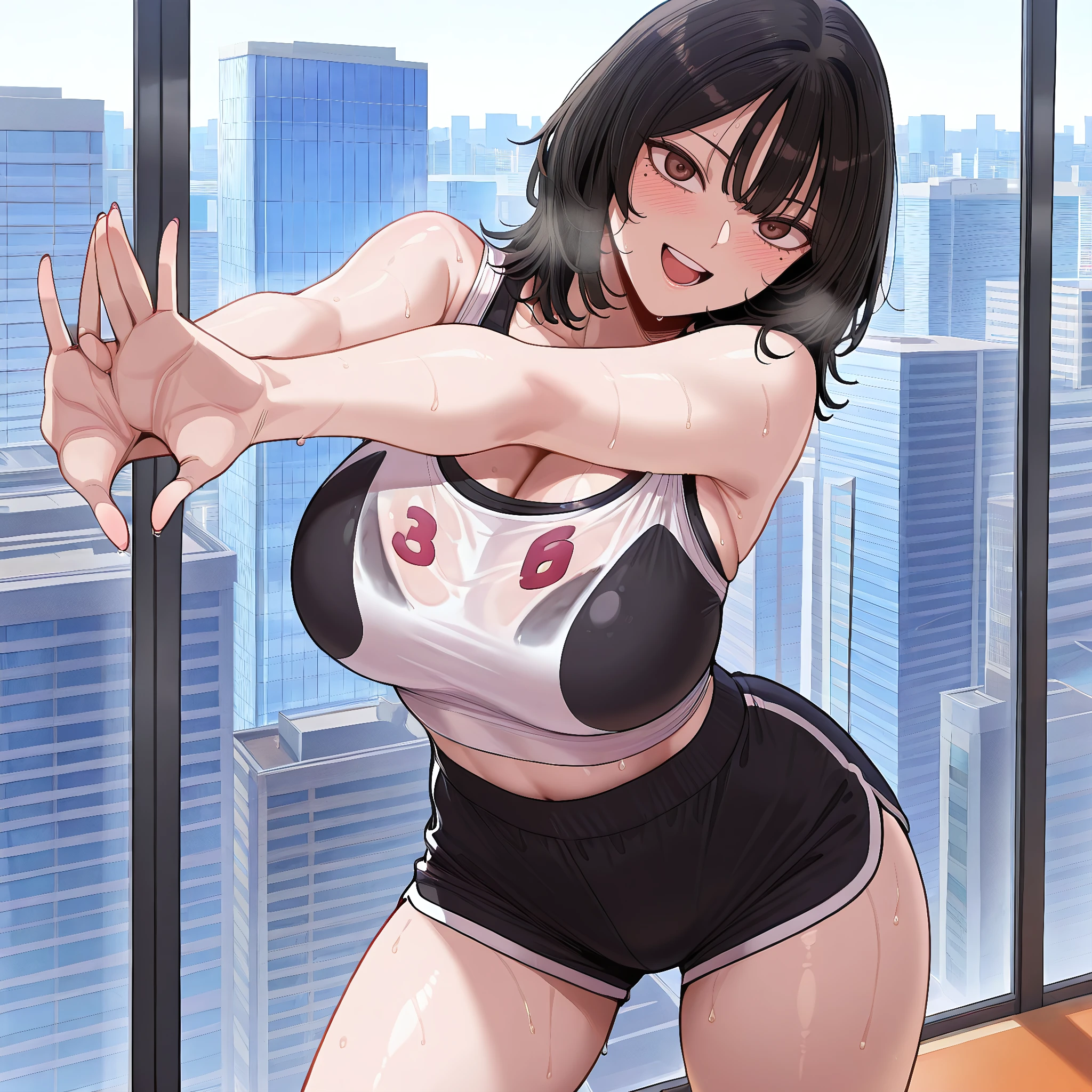 gym, workout, hot, sweating, sweaty, tan, big boobs, tan skin, flustered, blush, black clothes, see thru, yoga pants, black hair, indoor bicycle , stationary bicycle, cycling, on stationary bicycle, in pain, painfull, eyes closed