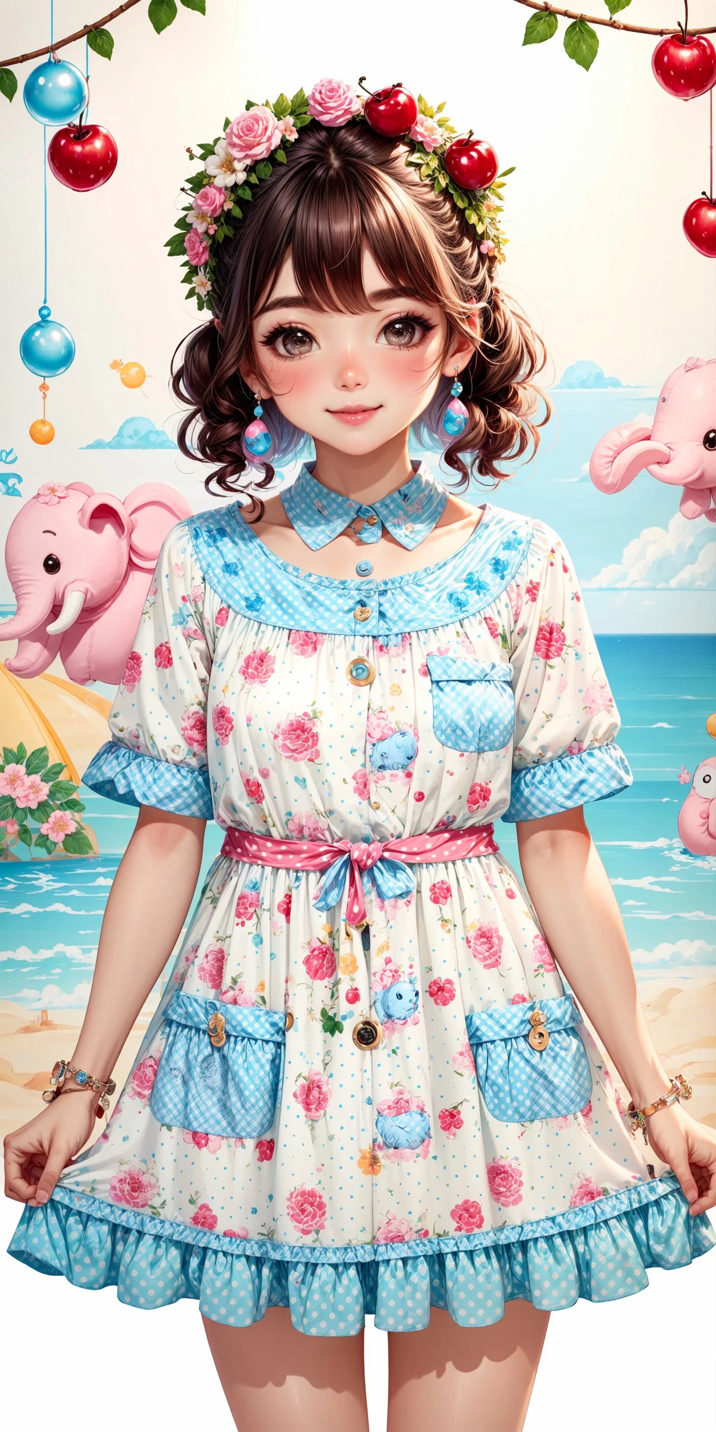 (front facing, facing viewer) 1girl, smile, blush, light beige red blue and pink cute rabbit and elephant print tent\_dress, maximalist patterned dress, colorful reddish pink and light beige and blue two-tone fabric gingham polka dot print (peter pan collar), (gingham print), gingham and blue polka dot print on light beige two-tone fabric peter pan collar, light beige short cute stuffed rabbit and elephant (blue polka dot print short sleeves), red gingham trim on light beige short sleeves, multicolored clothes, print dress, animal prints, stuffed animal print, pastel pink cute stuffed bunny print, pastel blue cute stuffed elephant print, fruit\_print, red cherry print, polka dots, blue polka dot print, colorful floral wreath print, (cute stuffed bunny, cute stuffed elephant, cherry, polka dot prints, and colorful floral wreath prints on tent\_dress), blue gingham plaid (elephant themed waist\_pockets), red gingham ears on blue gingham plaid elephant themed waist pockets, reddish pink and blue gingham border bottom hemline, <lora:scene_:0.5>, <lora:FashionComplexityEnhancerLORAv1:0.4>, <lora:31aebadf-51dc-459a-a019-bba34bf78f41:0.6>, <lora:more_details:0.7>, <lora:96073874-f082-4683-942e-601cecac5c40:0.3>, <lora:f7d08feb-f21d-42d0-9ef1-a9481867524d:0.3>, <lora:5844635f-c9c3-4f9e-85c4-d0d40f201159:0.3>, <lora:dde4416e-9f24-48d4-a965-d989baea5d73:0.2>, ,