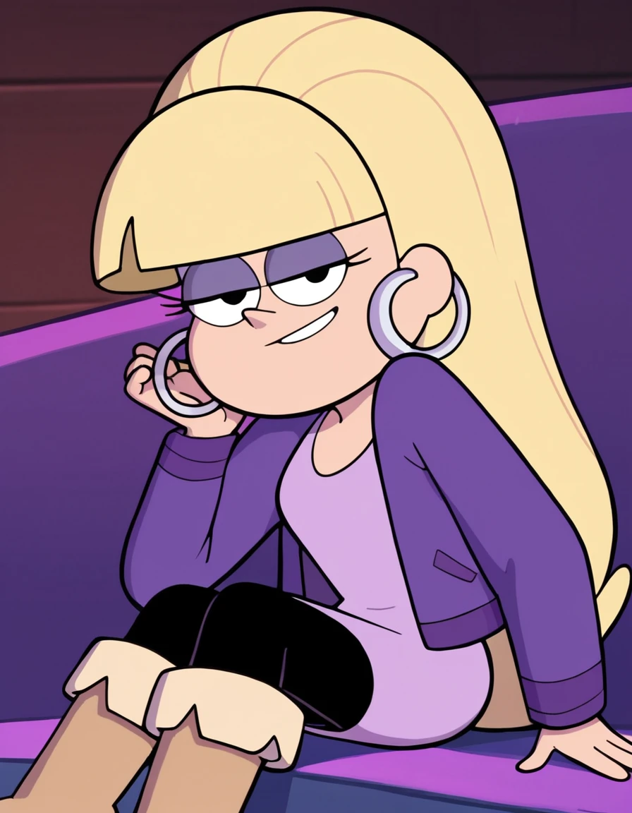 pacifica, ((light blue jeans, purple jacket, skin tight pants, brown boots, wide hips)), solo, solo focus, (photorealistic:0.7), detailed, looking at viewer, blonde hair, long hair, 1girl, masterpiece, high quality, concert stage background, (smiling:0.9), closed mouth, happy, joy, (thicc:1.3), (((pee stain, peeing self, pee))), ((legs apart, frontal shot, hands on hips, full body, shrugging))