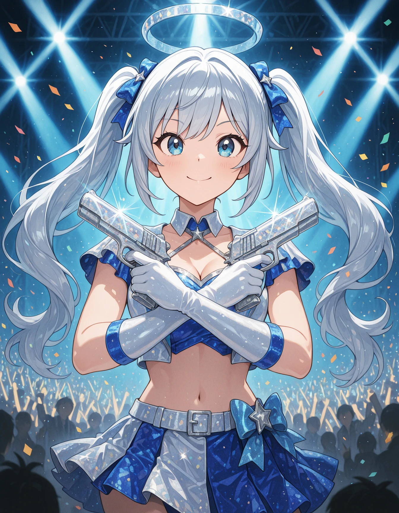 Flatline, Flat vector illustration,,masterpiece, best quality, good quality, very aesthetic, absurdres, newest, 8K, depth of field, focused subject, dynamic angle, A pop-idol-inspired anime character with dazzling silver hair and a glittering costume, crossing two bedazzled pistols in an X pose on stage. Spotlights blast behind them, holographic fans cheer in the crowd, and confetti rains down. Focus on light reflections, sequins, and stage effects.. x pistol pose <lora:XPistolPoseIL:1>
