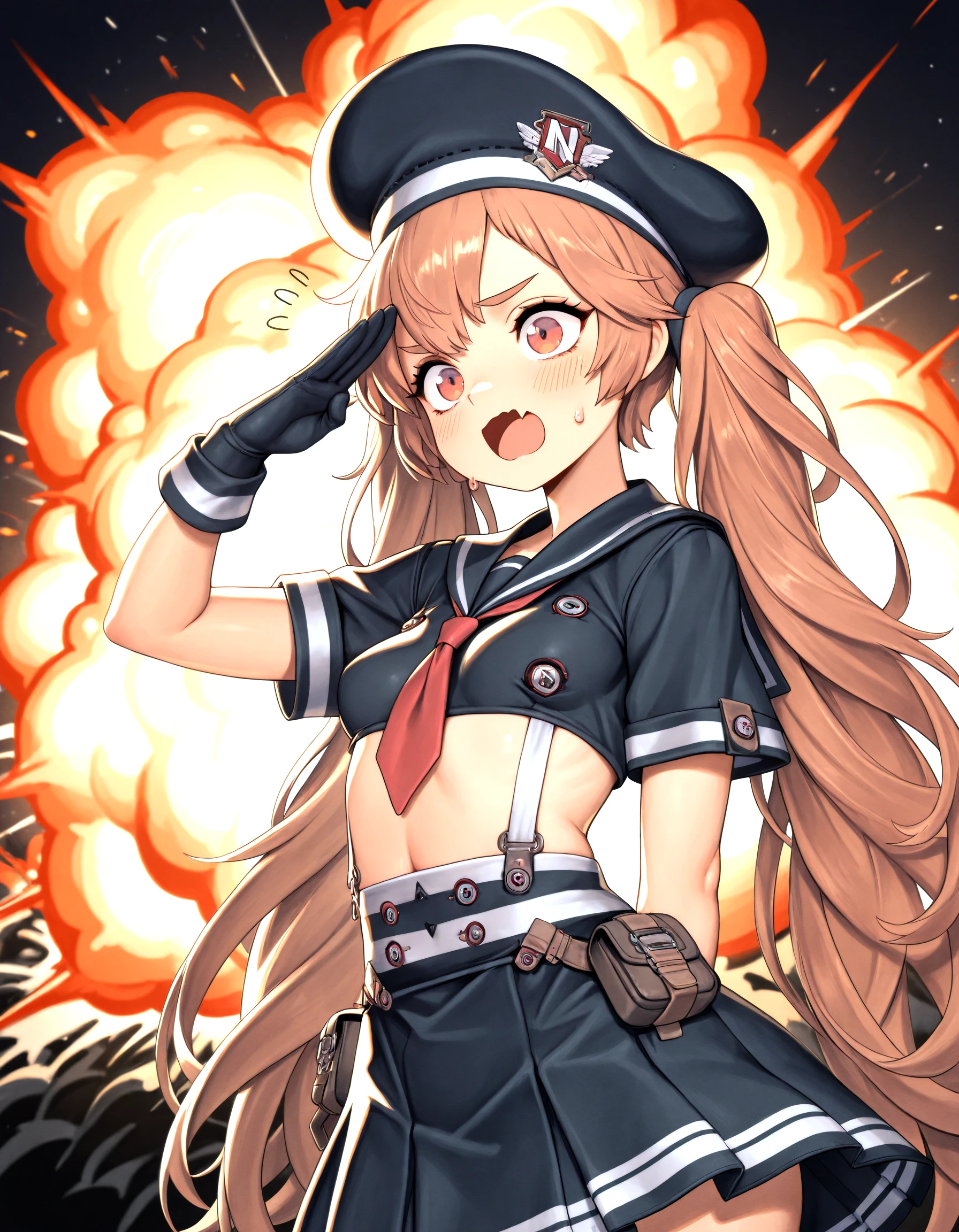 masterpiece,best quality,absurdres, amazing quality <lora:MirandaNikkeIllust16V7-000005:0.99> sailor_collar, black_gloves, open_mouth, miranda_def, suspenders, black_skirt, beret, salute, standing, small_breasts, open_mouth, skin_fang, explosion, nervous,