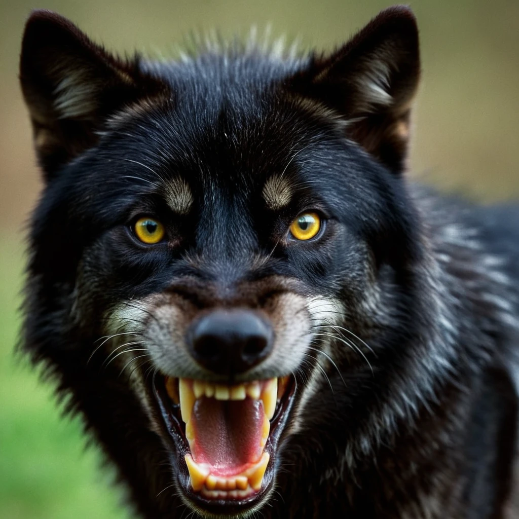 cinematic film still of <lora:Werewolf illu v1:0.9>
a black wolf with a big smile on his face staring at camera Werewolf Style, solo, looking at viewer, open mouth, teeth, no humans, animal, fangs, traditional media, black background, dog, animal focus, dark, photorealistic, simple background, yellow eyes, cat, sharp teeth, closeup, realistic, shallow depth of field, vignette, highly detailed, high budget, bokeh, cinemascope, moody, epic, gorgeous, film grain, grainy