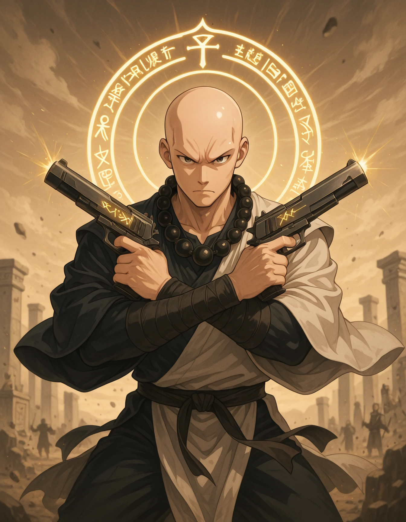 Flatline, Flat vector illustration,,masterpiece, best quality, good quality, very aesthetic, absurdres, newest, 8K, depth of field, focused subject, dynamic angle, A stoic, peaceful anime monk â bald head, prayer beads â suddenly in a battle stance, crossing sacred relic pistols in an X pose. Glowing runes swirl as the air distorts with suppressed power. Background: ancient temple shattered by spiritual force. x pistol pose <lora:XPistolPoseIL:1>