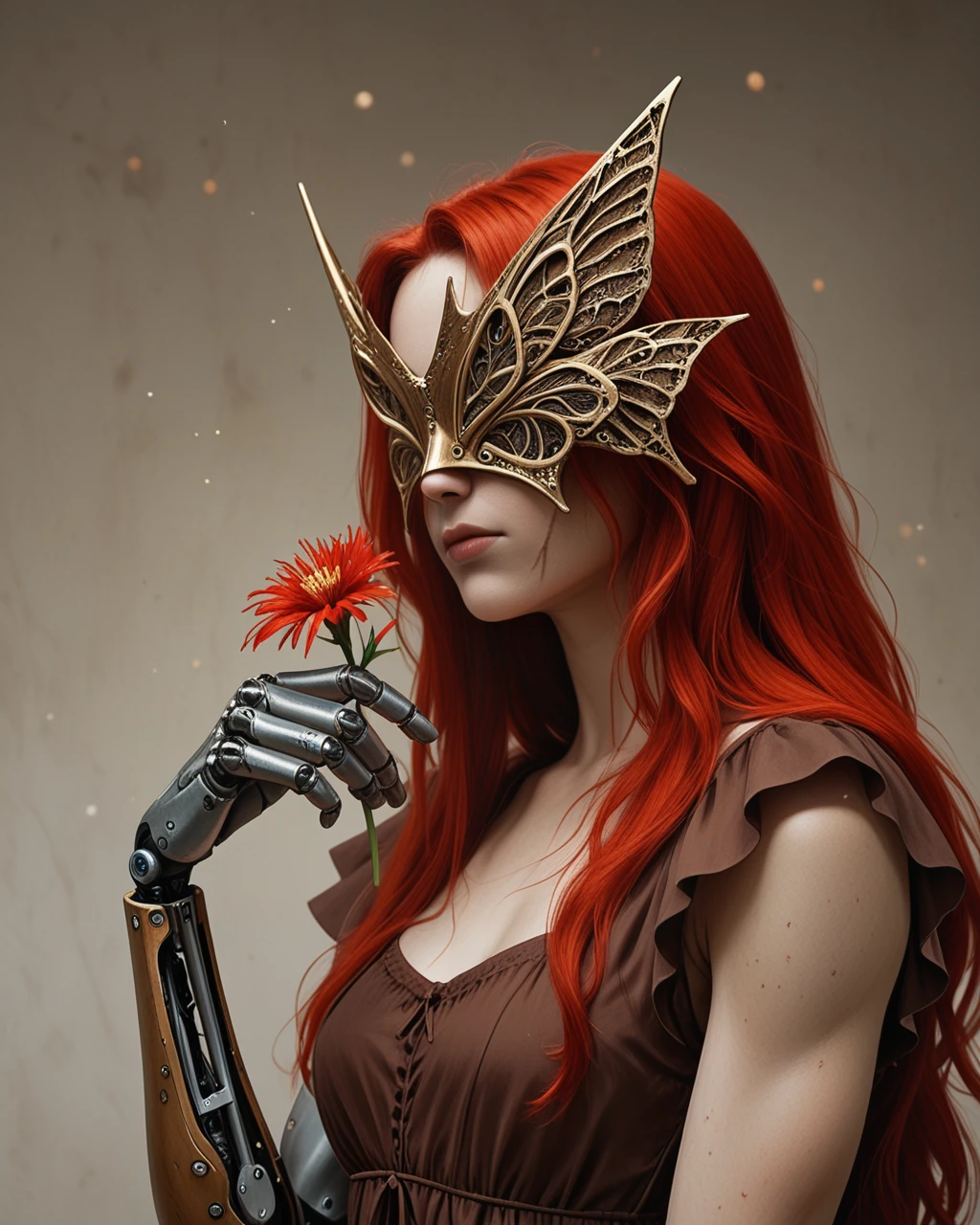1girl, solo, holding a flower, long hair, red hair, prosthetic arm, prosthesis, dress, mechanical arms, single mechanical arm, closed mouth, upper body, brown dress, covered eyes, iron butterfly mask