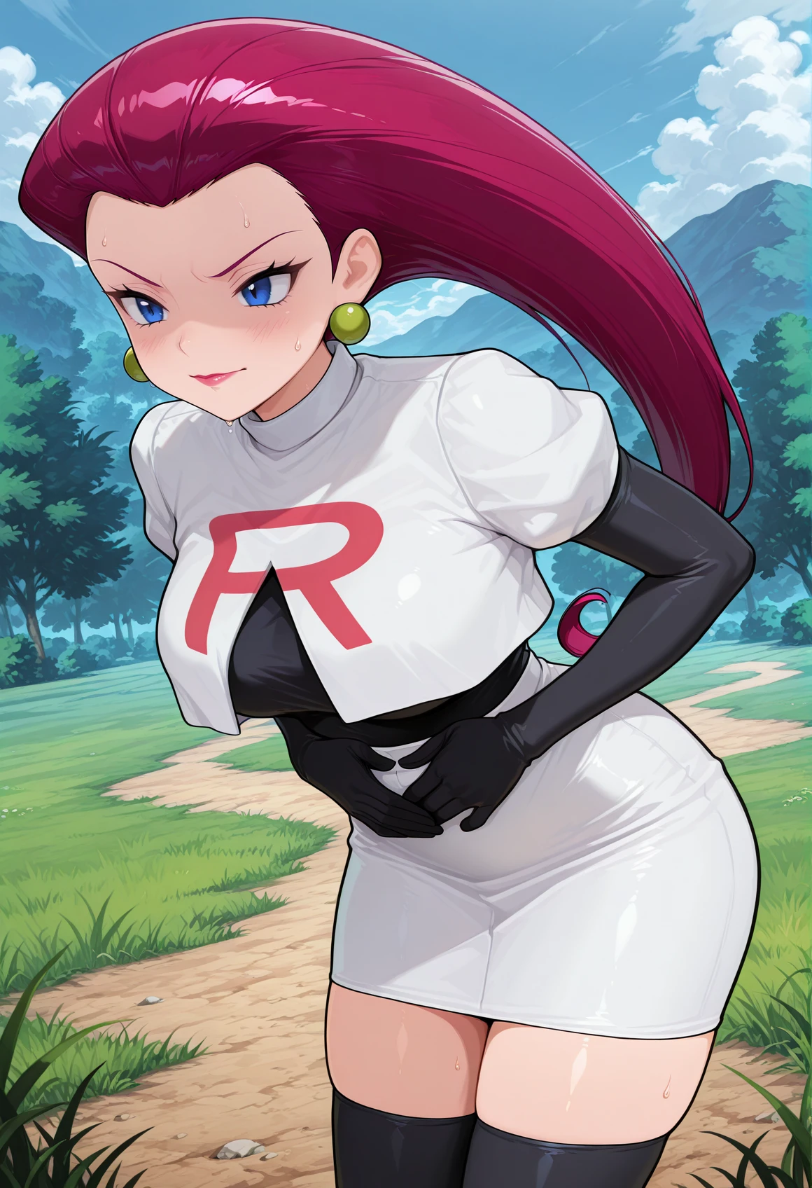 amazing quality,very aesthetic,absurdres,best quality,newest,masterpiece,4k resolution, absurdres, highres, detailed background,
<lora:stomach_ache:0.8>1girl, hand on own stomach, sweat, leaning forward, grass, solo <lora:jessiev2:0.7> 1girl, jessie (pokemon), hair slicked back, long hair, nervous,