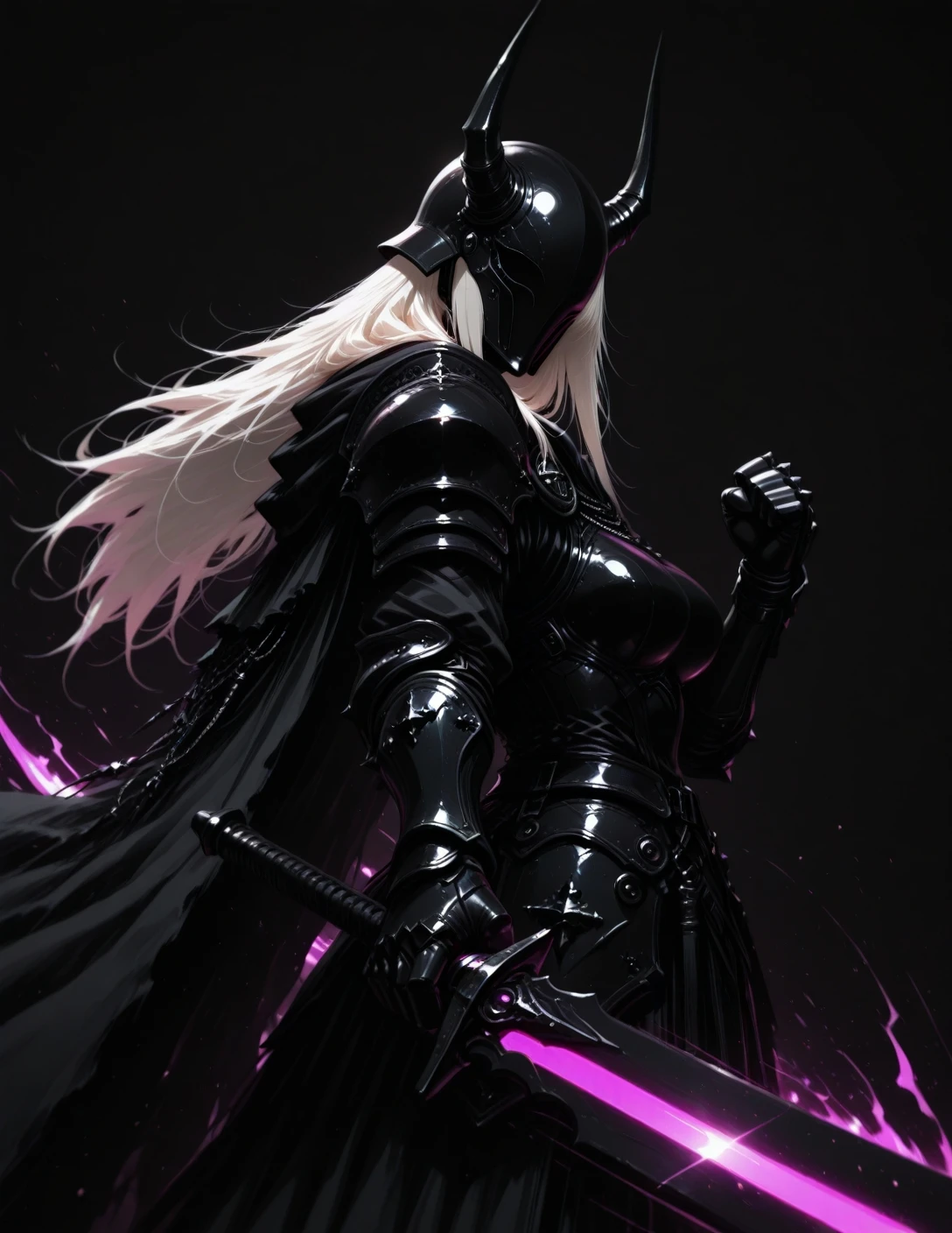 (masterpiece), (best quality), amazing quality, very aesthetic, 4k, 8k, 16k, 32k, nano details, (absurdres), large variant set, extremely_beautiful, sharp_detailed, sharp_focus, detailed anatomy, correct anatomy, perfect anatomy, extremely detailed hair, ambient occlusion, highres, 1girl, solo, long hair, holding, standing, white hair, weapon, (dark), (magenta aura:1.2), (charging), sword, holding weapon, cape, armor, holding sword, helmet, shoulder armor, facing viewer, gauntlets, pauldrons, black cape, from side, foreshortening, horned_helmet, (slashing), motion lines, motion blur, fist, hand up, detailed, depth of field, (nakamura_regura:0.30), (shimhaq:0.6), (k-suwabe:0.60), luminescent background, abstract, light particles, glowing, <lora:问_ズ_问_尺_闩:0.8000000000000002> <lora:PHM_style_IL_v4.1:0.7000000000000002> <lora:dkdraven_v9:0.6000000000000001>