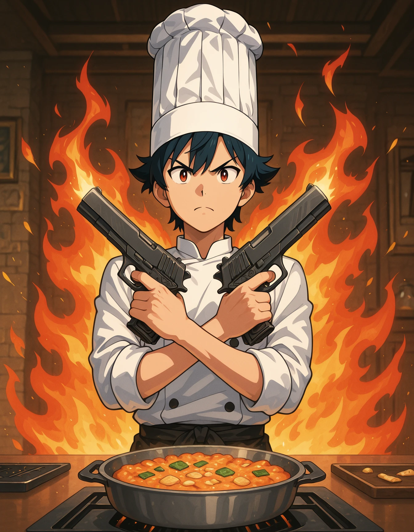 Flatline, Flat vector illustration,,masterpiece, best quality, good quality, very aesthetic, absurdres, newest, 8K, depth of field, focused subject, dynamic angle, An anime chef in a flaming kitchen, crossing pistols in an X pose. One pistol shoots seasoning, the other fire. Flames roar behind them as ingredients fly through the air. Total over-the-top food battle anime style.. <lora:XPistolPoseIL:1> x pistol pose