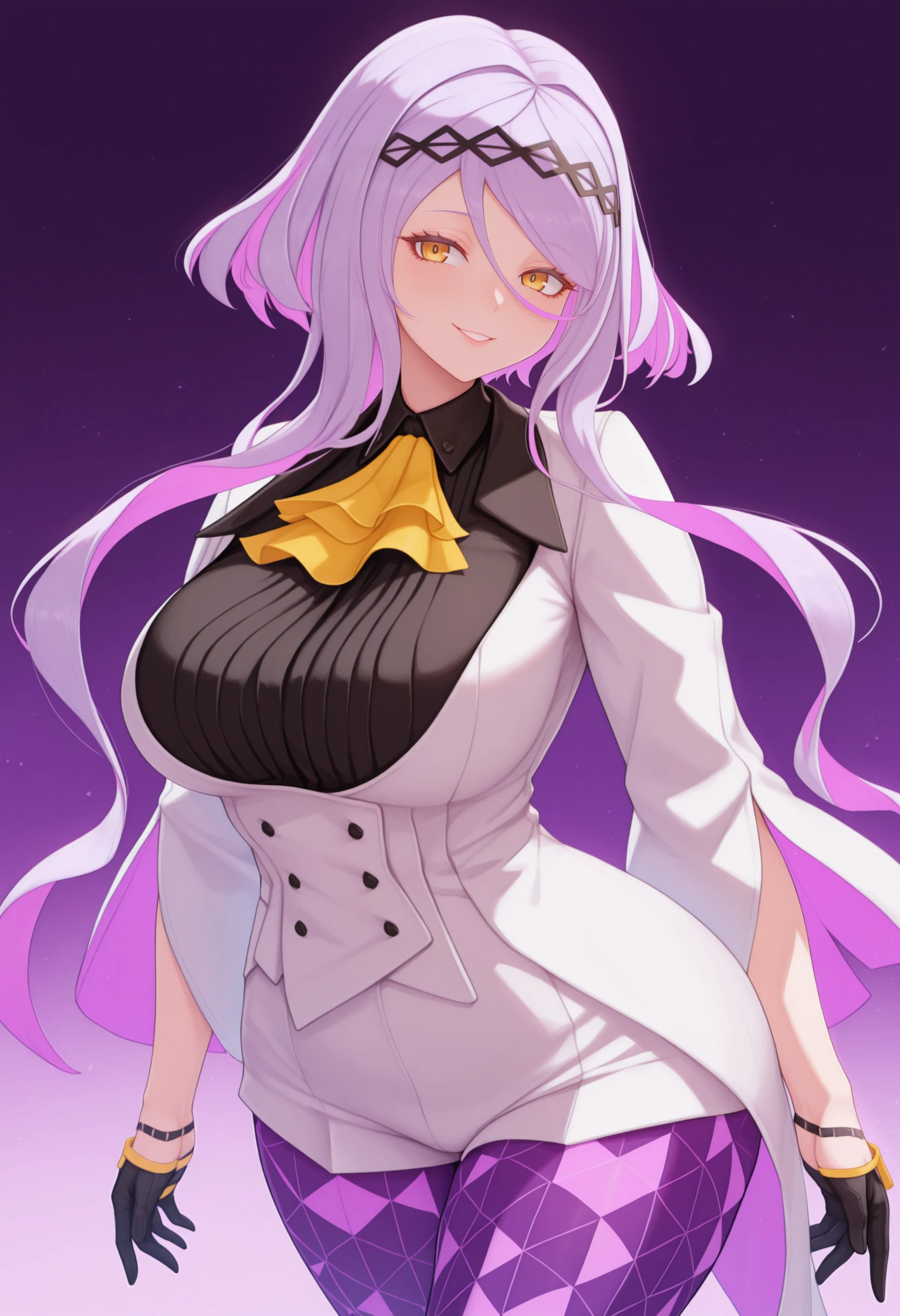 masterpiece, best quality, solo, 1girl, smile, looking at viewer, <lora:creamcod-artist-richy-v1_ixl:1>, large breasts, gradient background, purple background, <lora:figue-sh2-richy-v1_ixl:1>, figue, yellow eyes, purple hair, multicolored hair, hairband, hair between eyes, sidelocks, yellow ascot, white coat, long sleeves, black shirt, half gloves, black gloves, white shorts, purple leggings, parted lips,