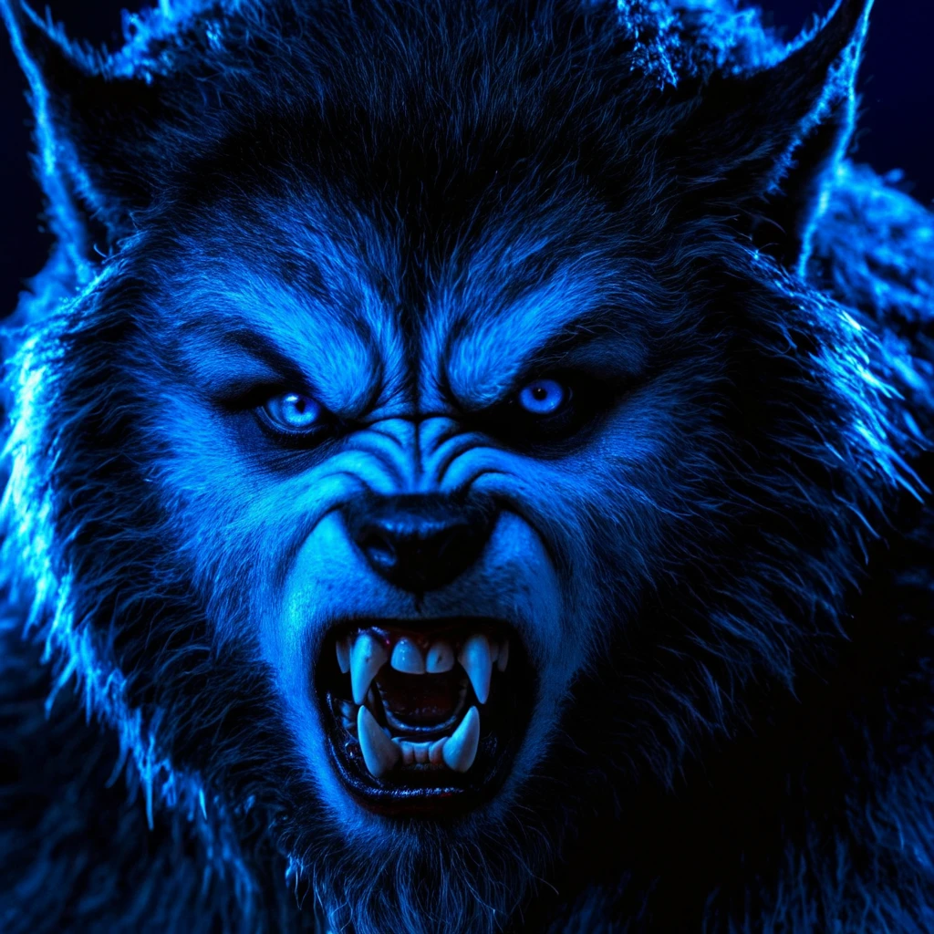 Dark Fantasy Art of <lora:Werewolf pony v1:0.9>
a close up of a Werewolf with a creepy look Werewolf Style, solo, looking at viewer, black hair, teeth, colored skin, blue background, traditional media, portrait, blue theme, horror (theme), photorealistic, beast, blue moonlight shining on face, blue themed, staring, surprised, dark, moody, dark fantasy style